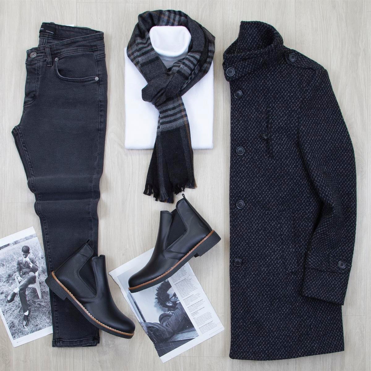 Füme Desenli Kaşe Kaban Boğazlı Body Pantolon Bot Kombin