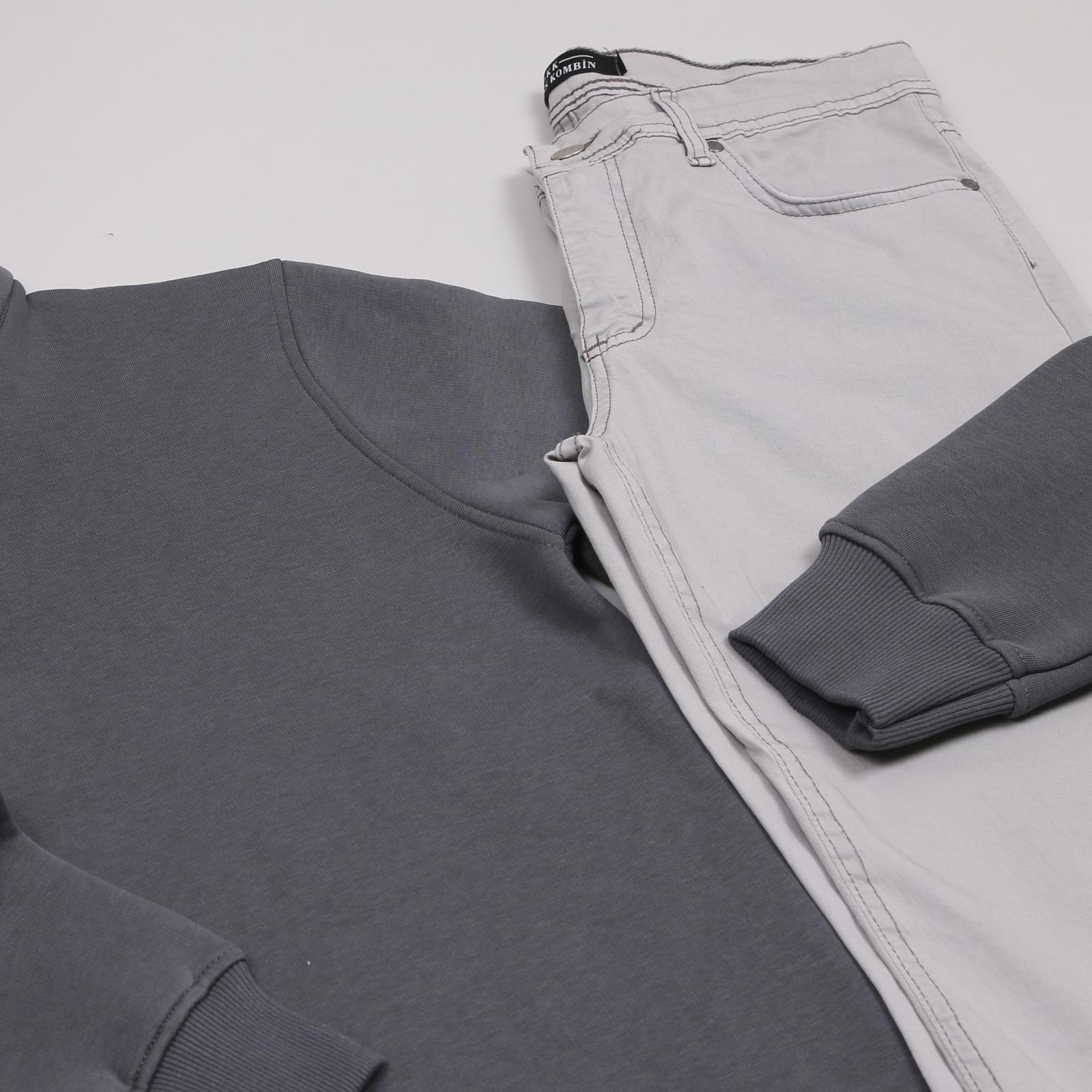 Füme Dik Yaka Sweatshirt Gri Kot Pantolon Ayakkabı  Kombini