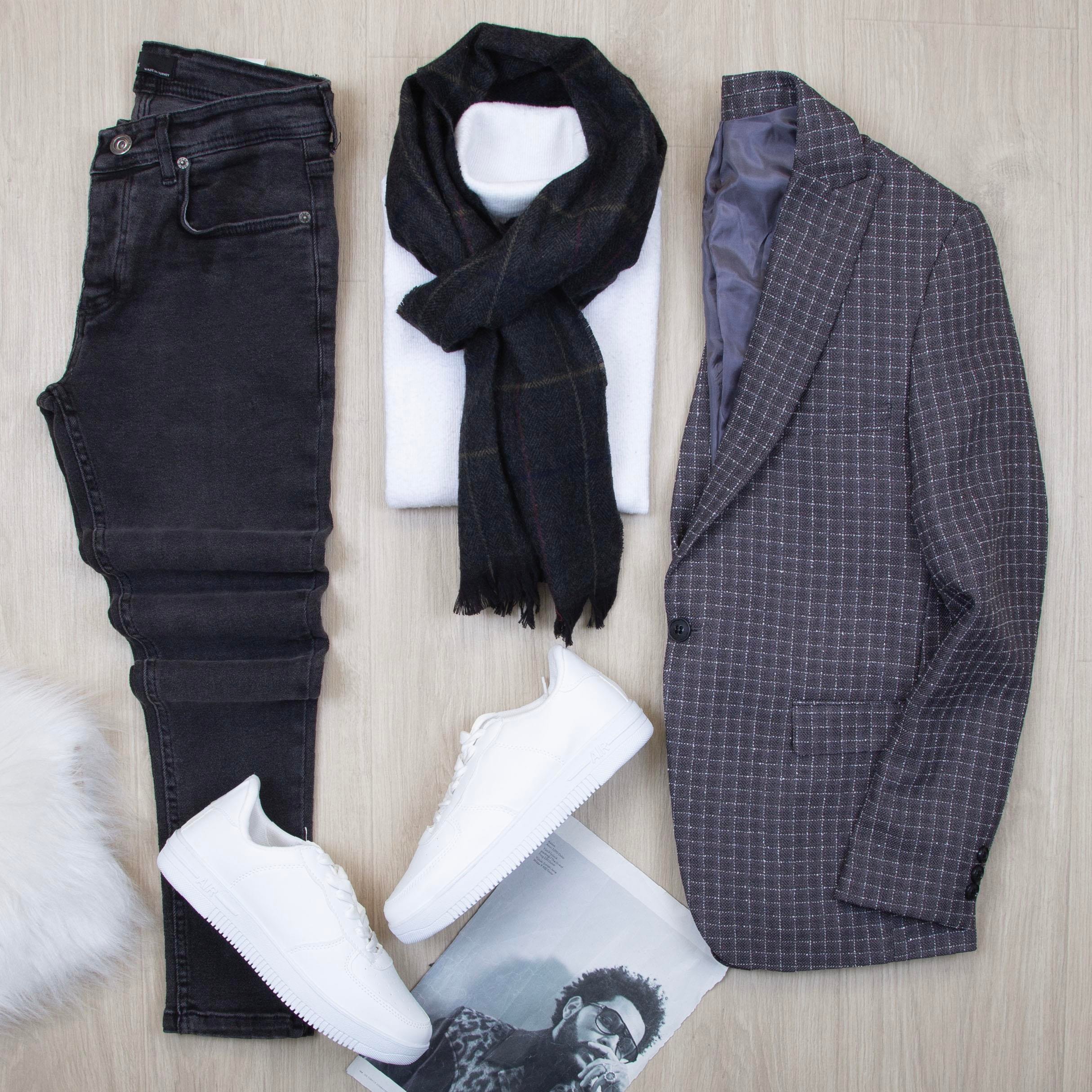 Füme Ekose Blazer Ceket Boğazlı Body Pantolon Ayakkabı Kombin