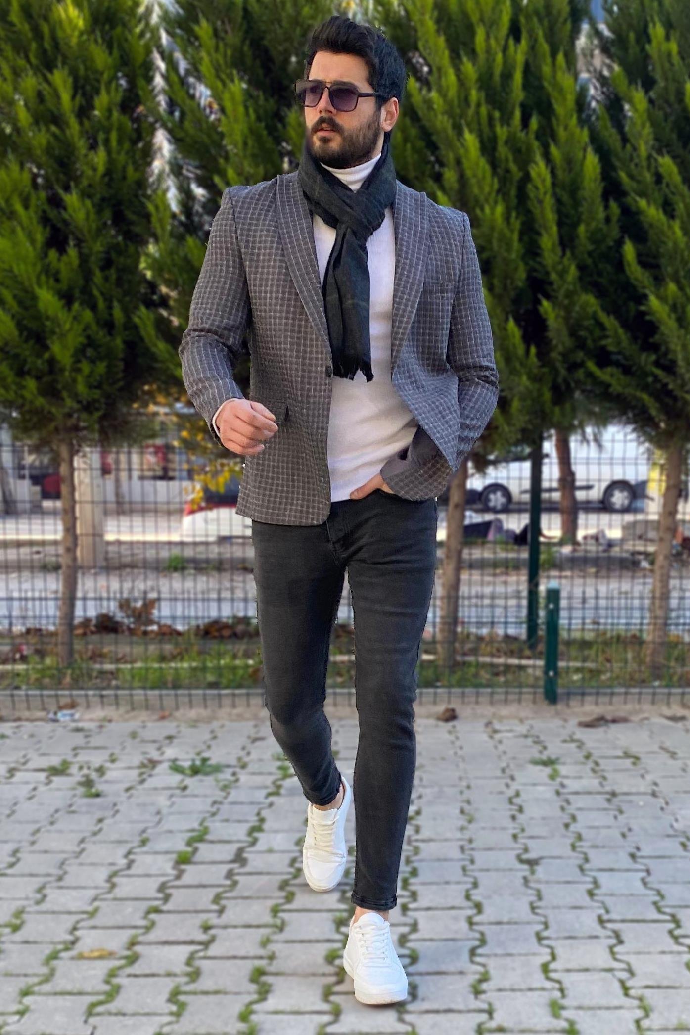 Füme Ekose Blazer Ceket Boğazlı Body Pantolon Ayakkabı Kombin