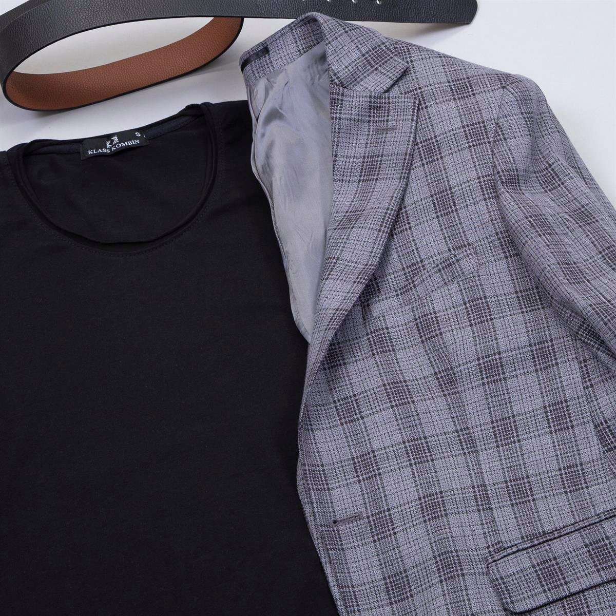 Füme Ekoseli Blazer Ceket Tişört Pantolon Ayakkabı Kombin