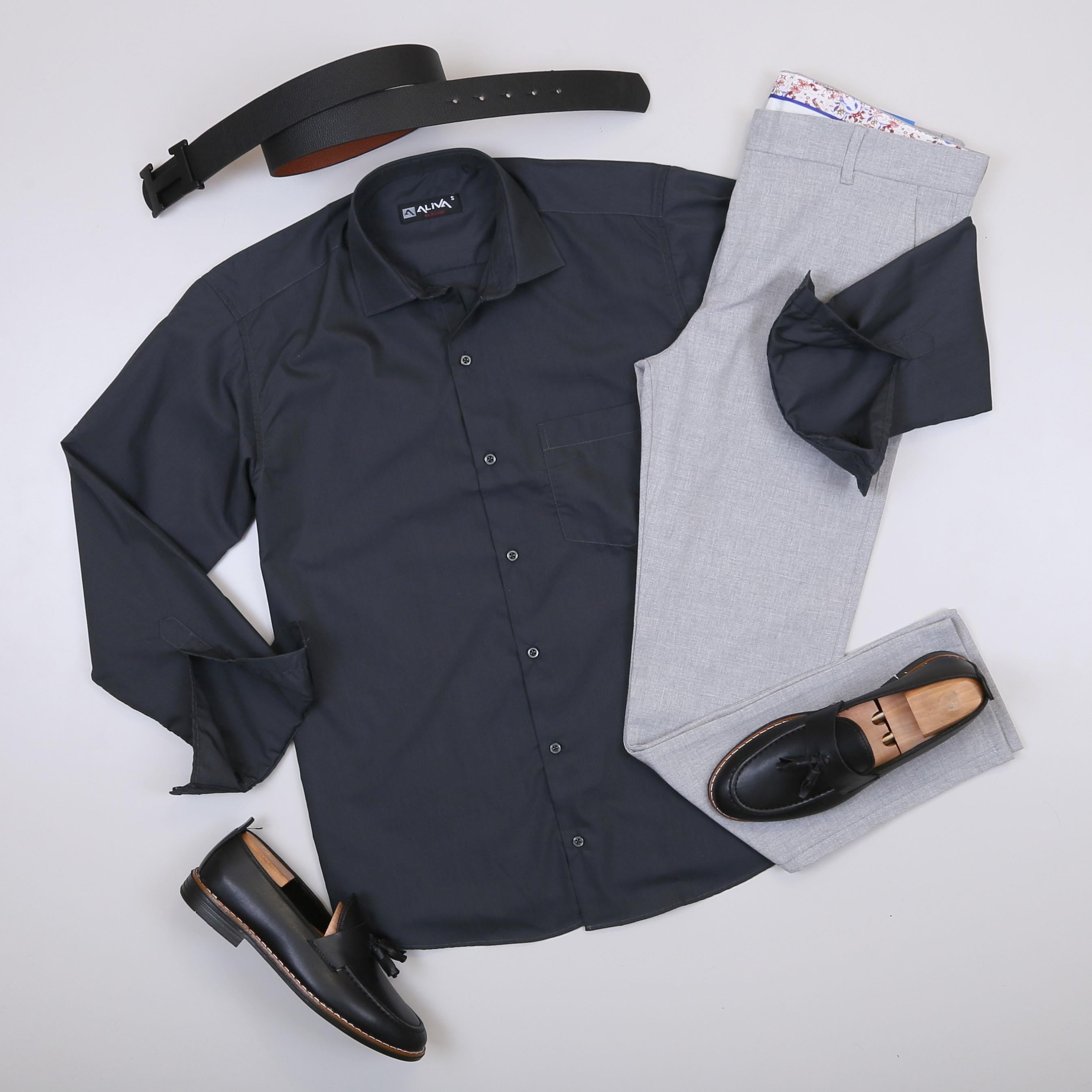 Füme Gömlek Gri Pantolon Ayakkabı Kombin