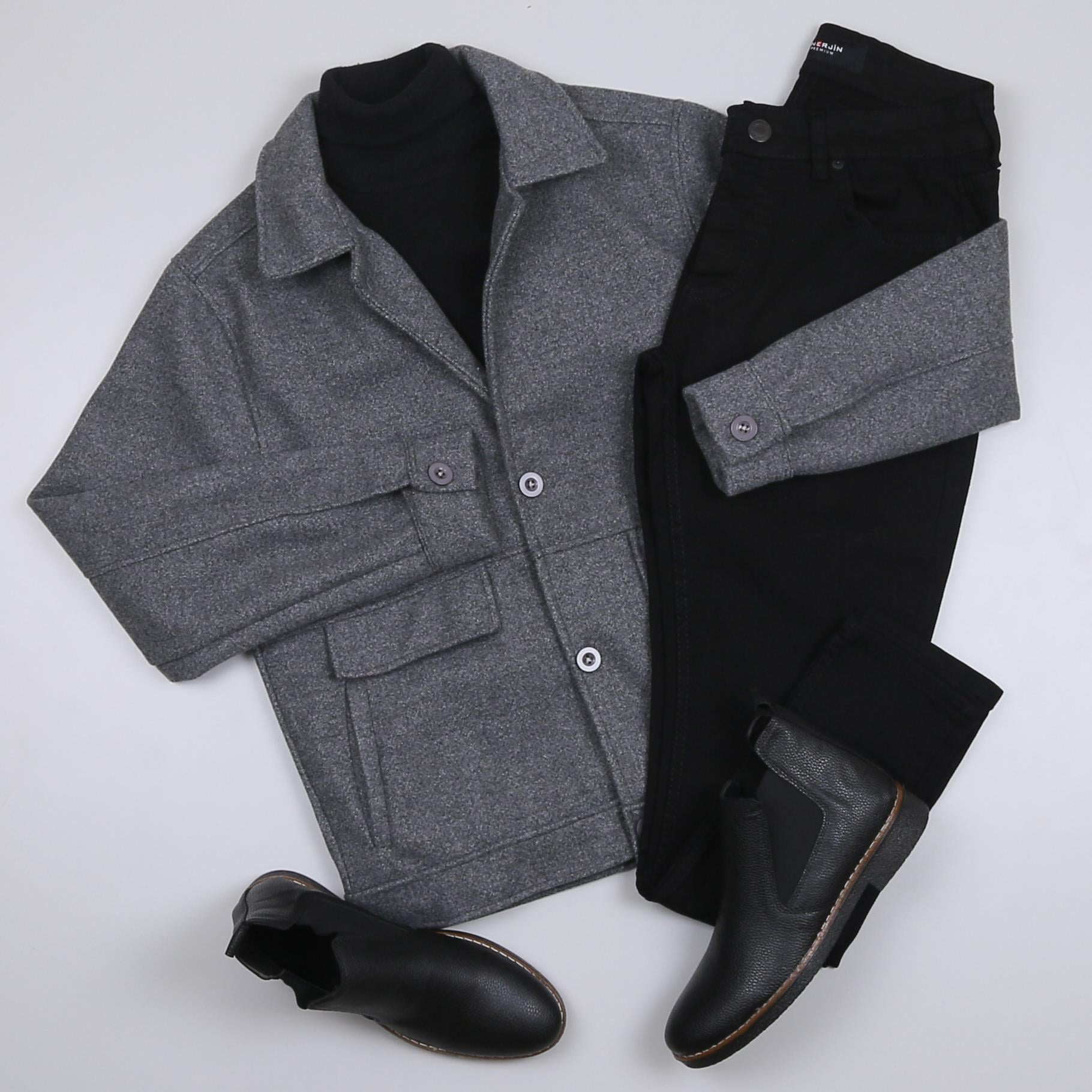 Füme Kaşe Ceket Boğazlı Body Kot Pantolon Bot Kombini