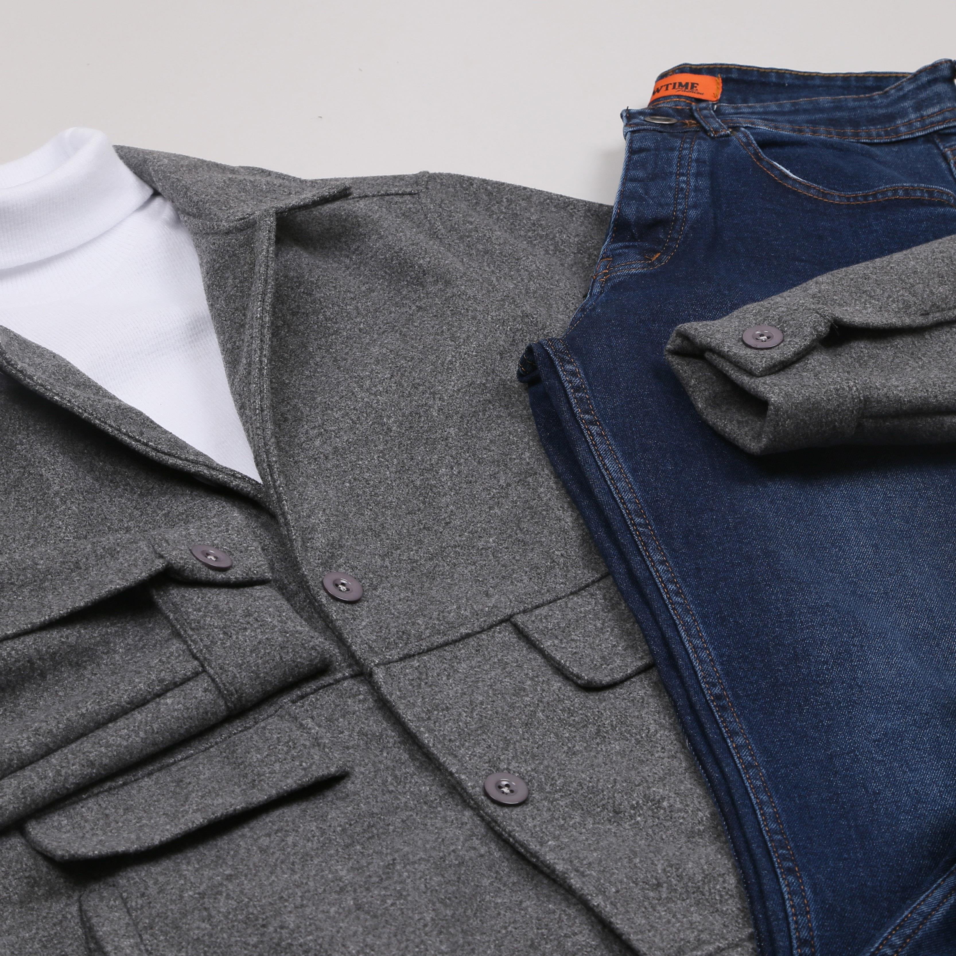 Füme Kaşe Ceket Boğazlı Body Kot Pantolon Bot Kombini