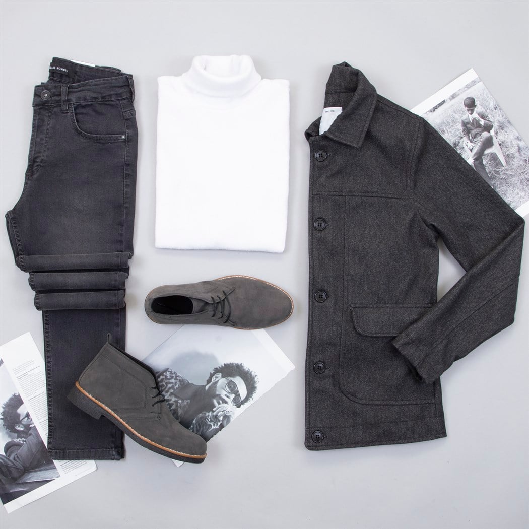 Füme Kaşe Ceket Boğazlı Kazak Pantolon Bot Kombin