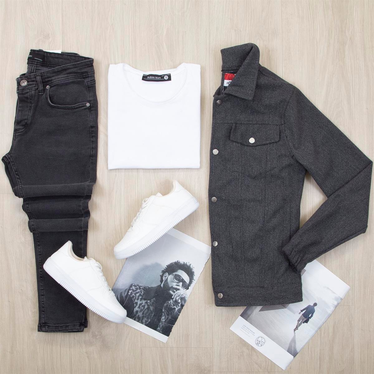 Füme Kaşe Ceket Tişört Pantolon Ayakkabı Kombin