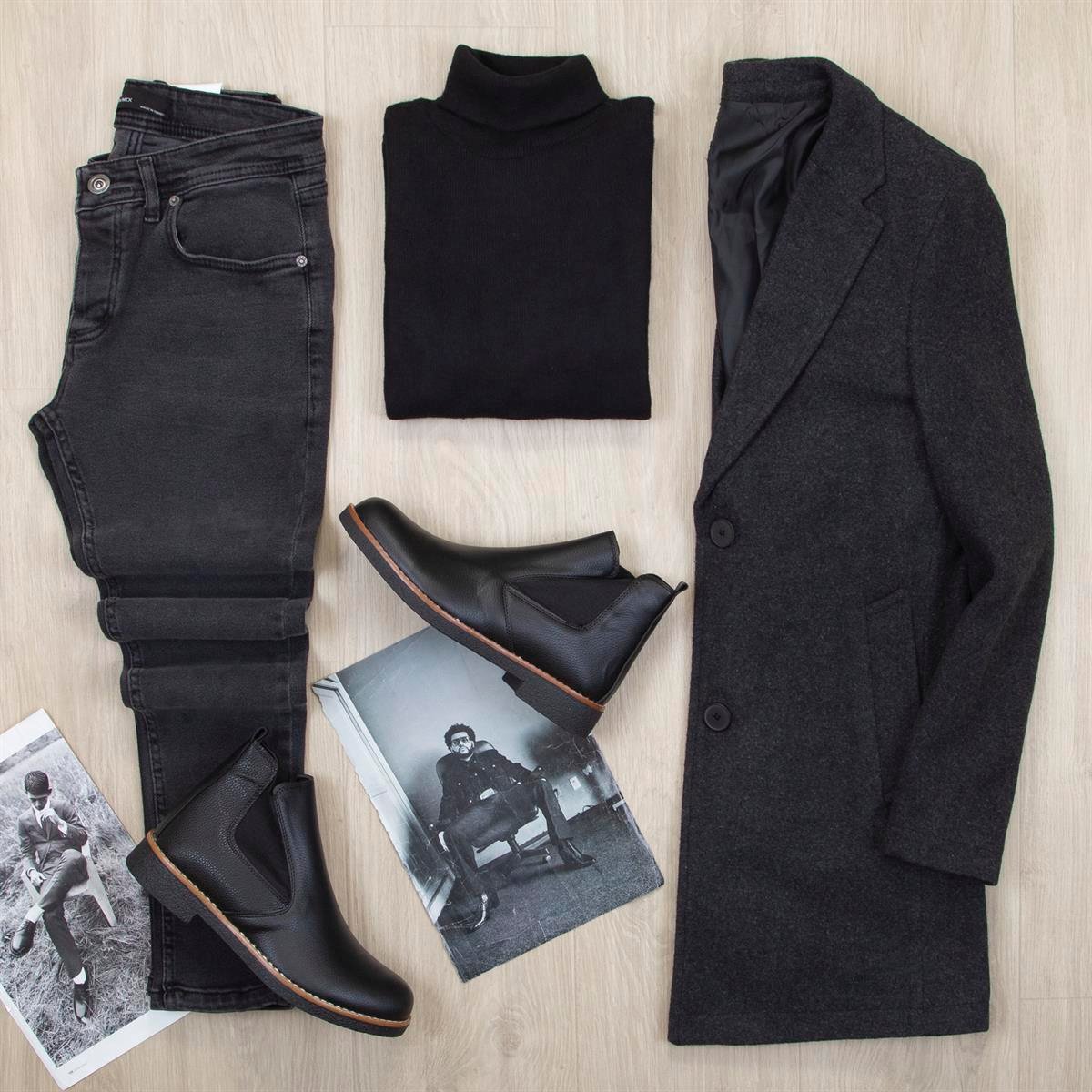 Füme Kaşe Kaban Boğazlı Body Pantolon Bot Kombin