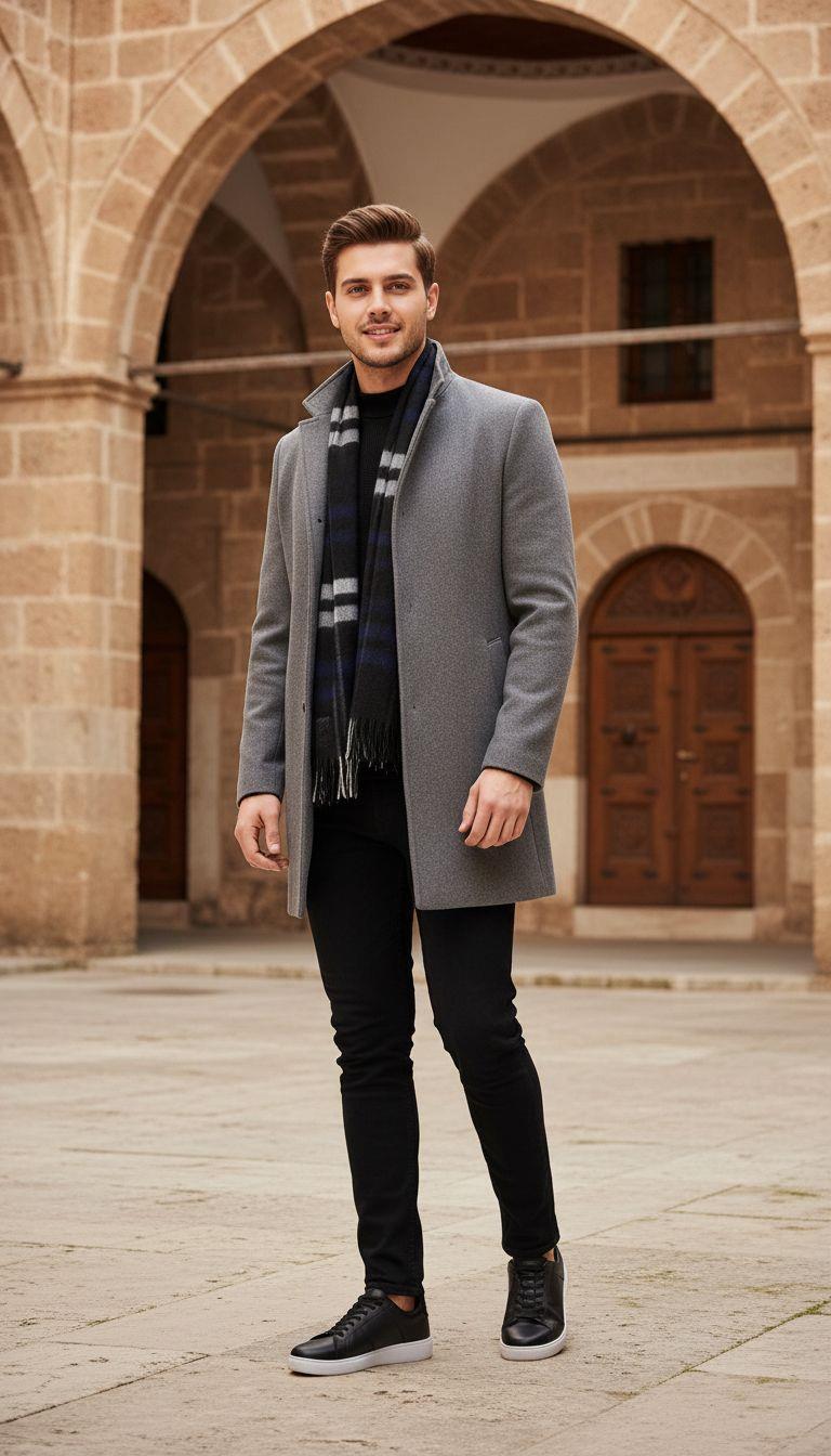 Füme Kaşe Kaban Boğazlı Body Pantolon Ayakkabı Kombin