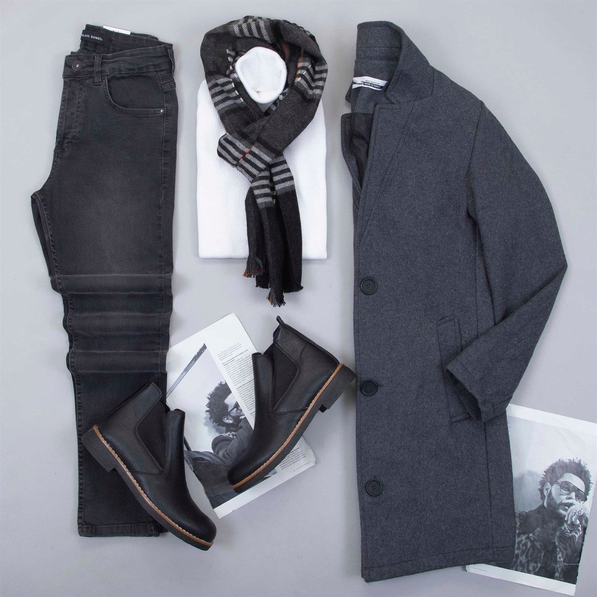 Füme Kaşe Kaban Boğazlı Kazak Pantolon Atkı Bot Kombin