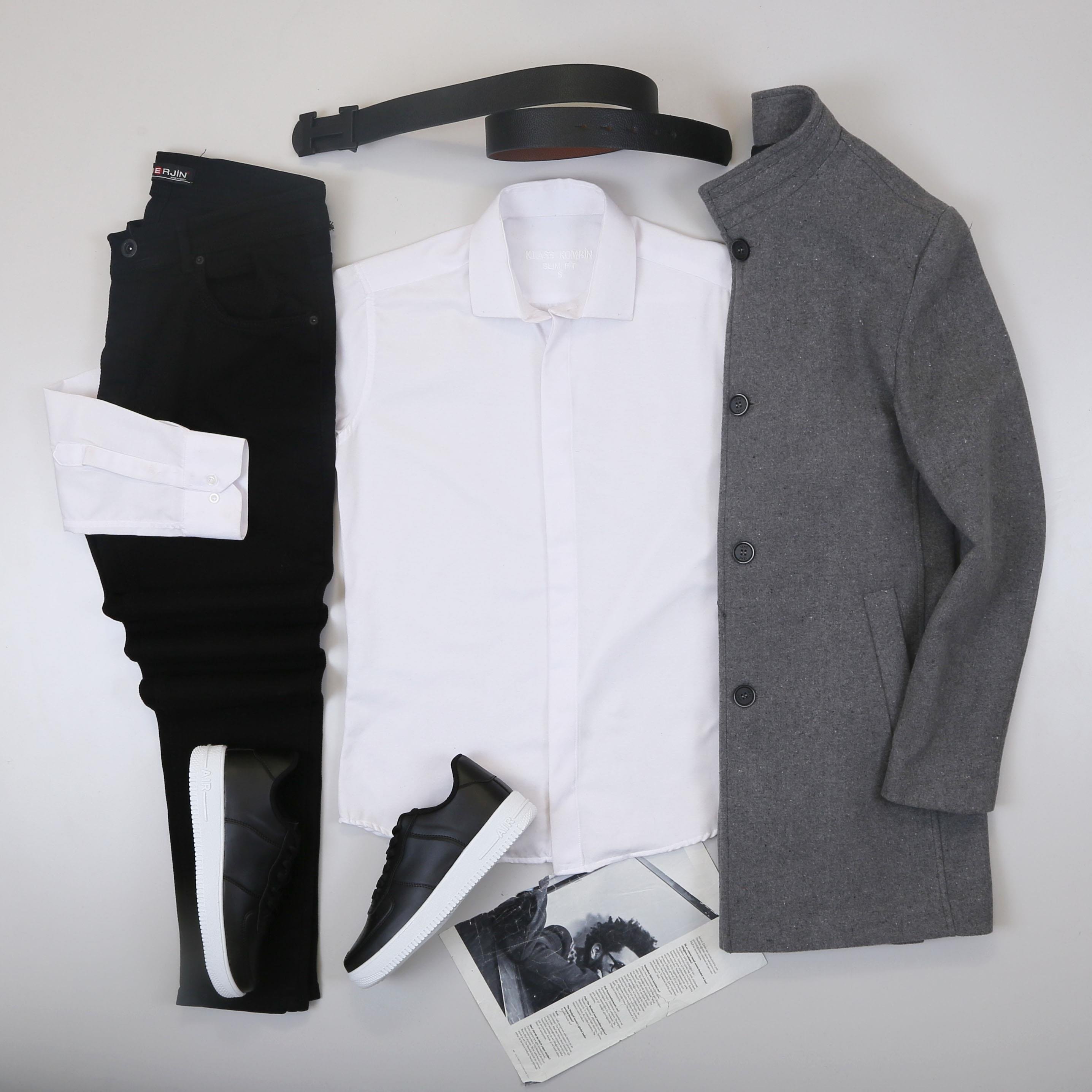 Füme Kaşe Kaban Gömlek Pantolon Ayakkabı Kombin