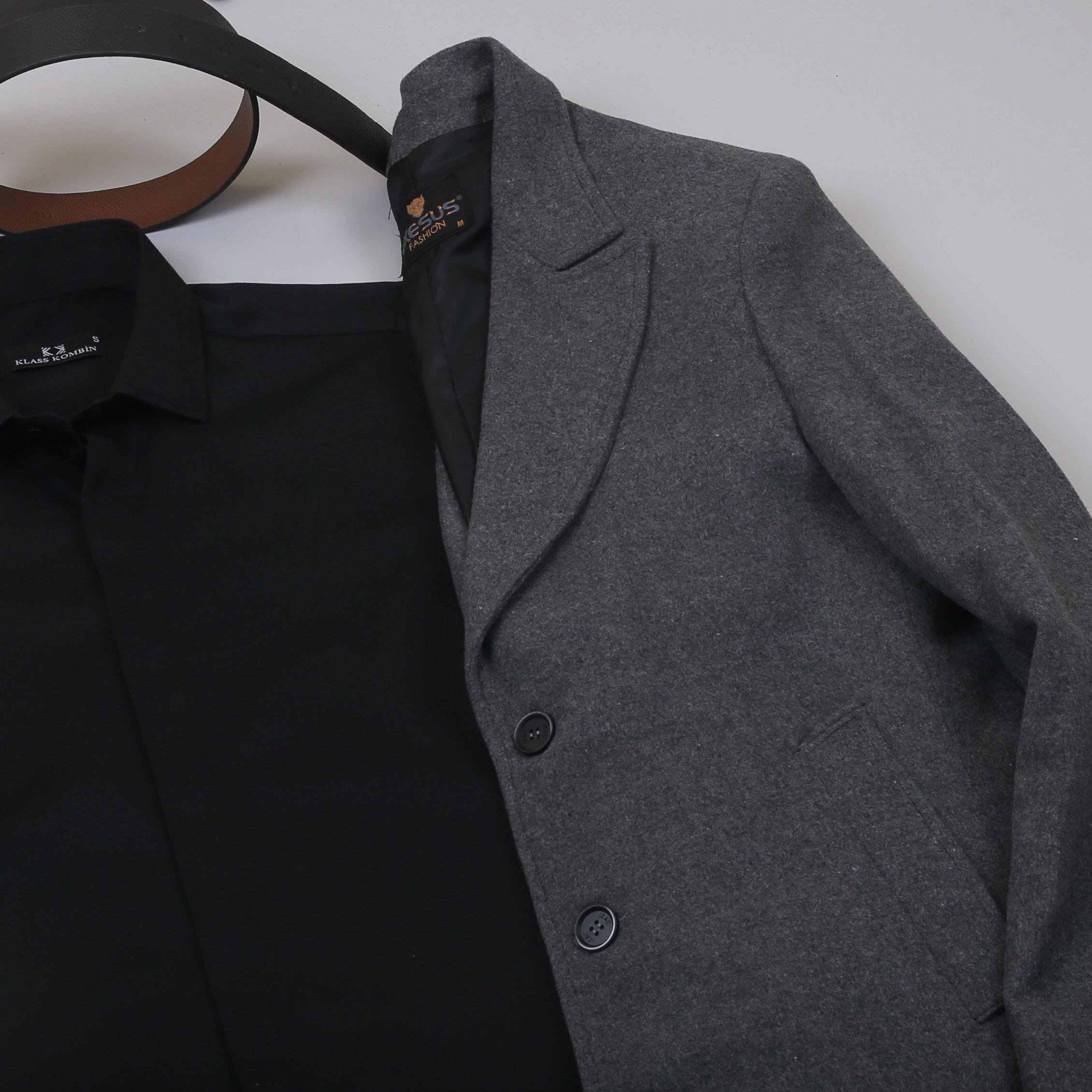 Füme Kaşe Kaban Gömlek Pantolon Ayakkabı Kombin