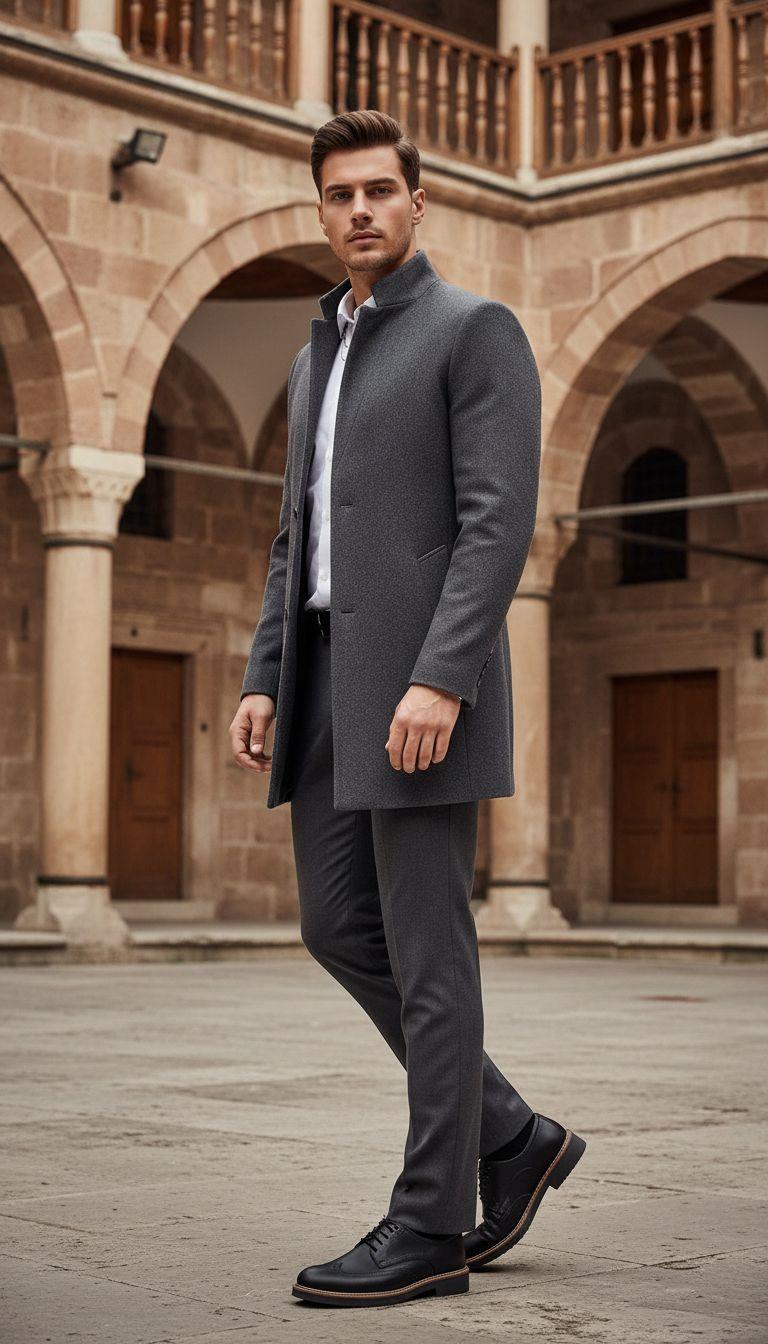 Füme Kaşe Kaban Gömlek Pantolon Ayakkabı Kombin