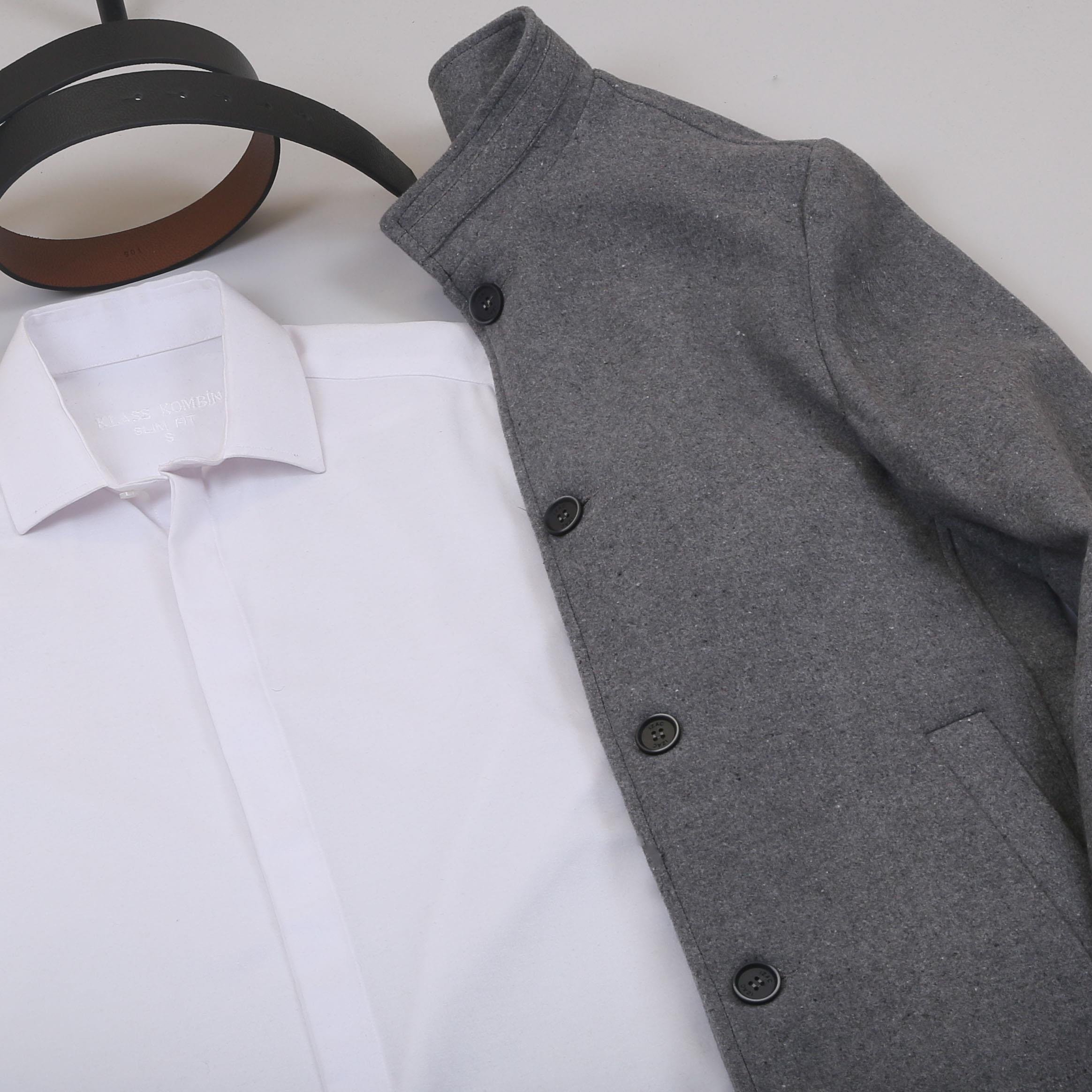 Füme Kaşe Kaban Gömlek Pantolon Ayakkabı Kombin