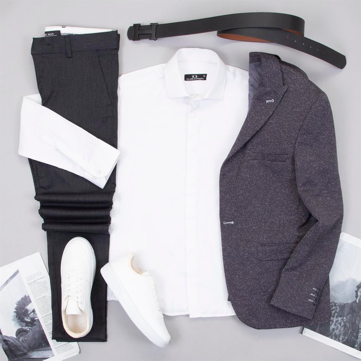 Füme Kırçıllı Blazer Ceket Gömlek Pantolon Ayakkabı Kombin