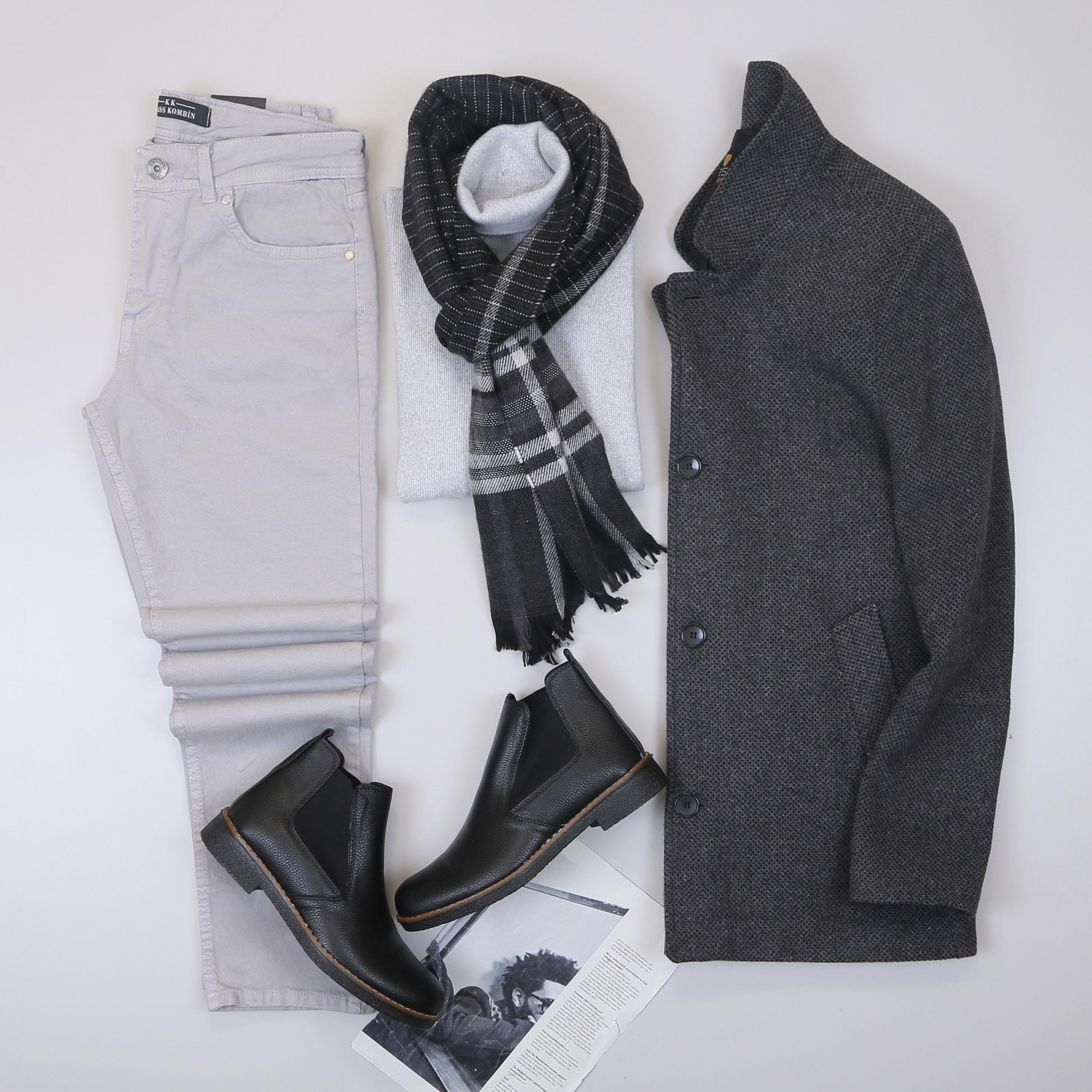 Füme Kırçıllı Kaban Boğazlı Body Pantolon Bot Kombin