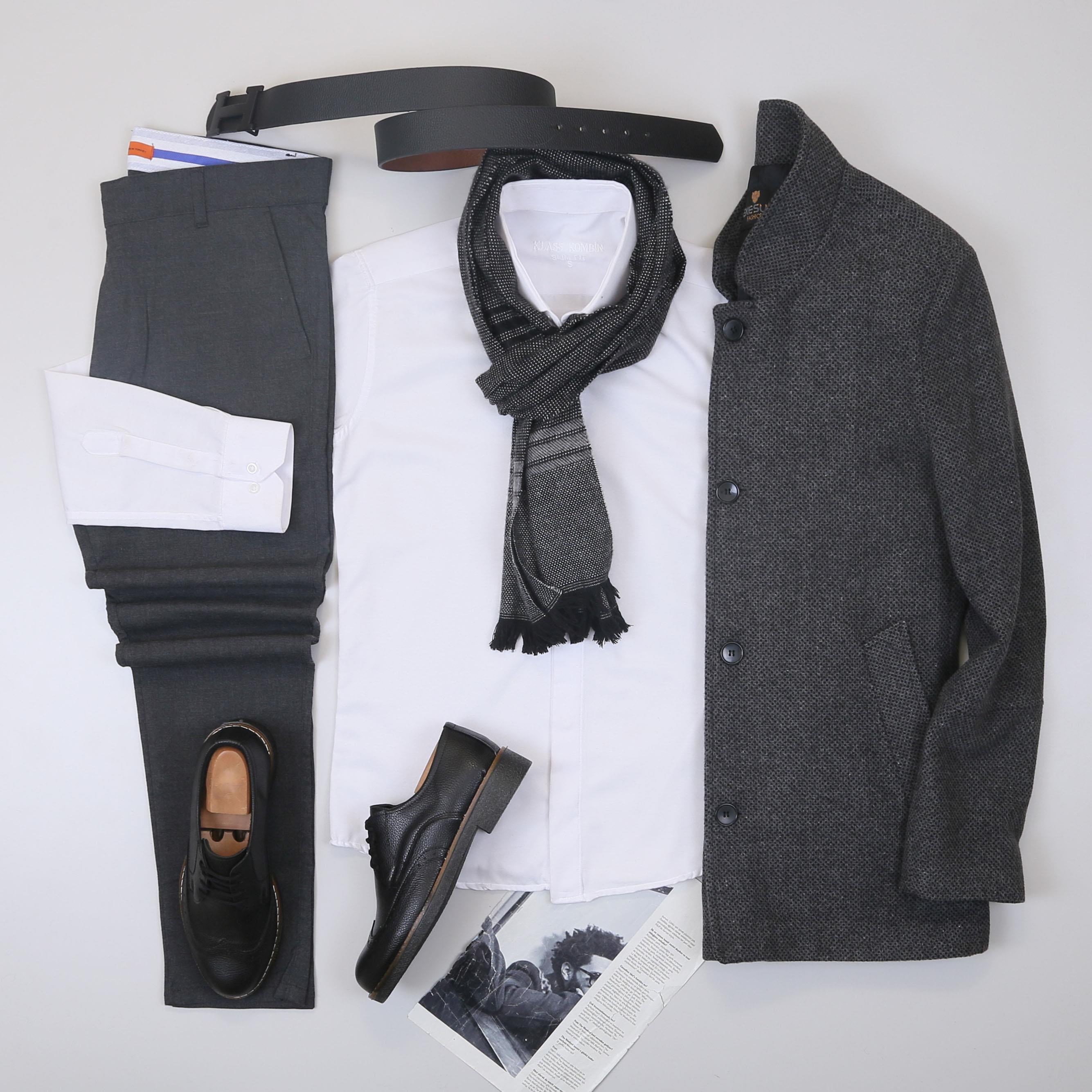 Füme Kırçıllı Kaban Gömlek Pantolon Ayakkabı Kombin