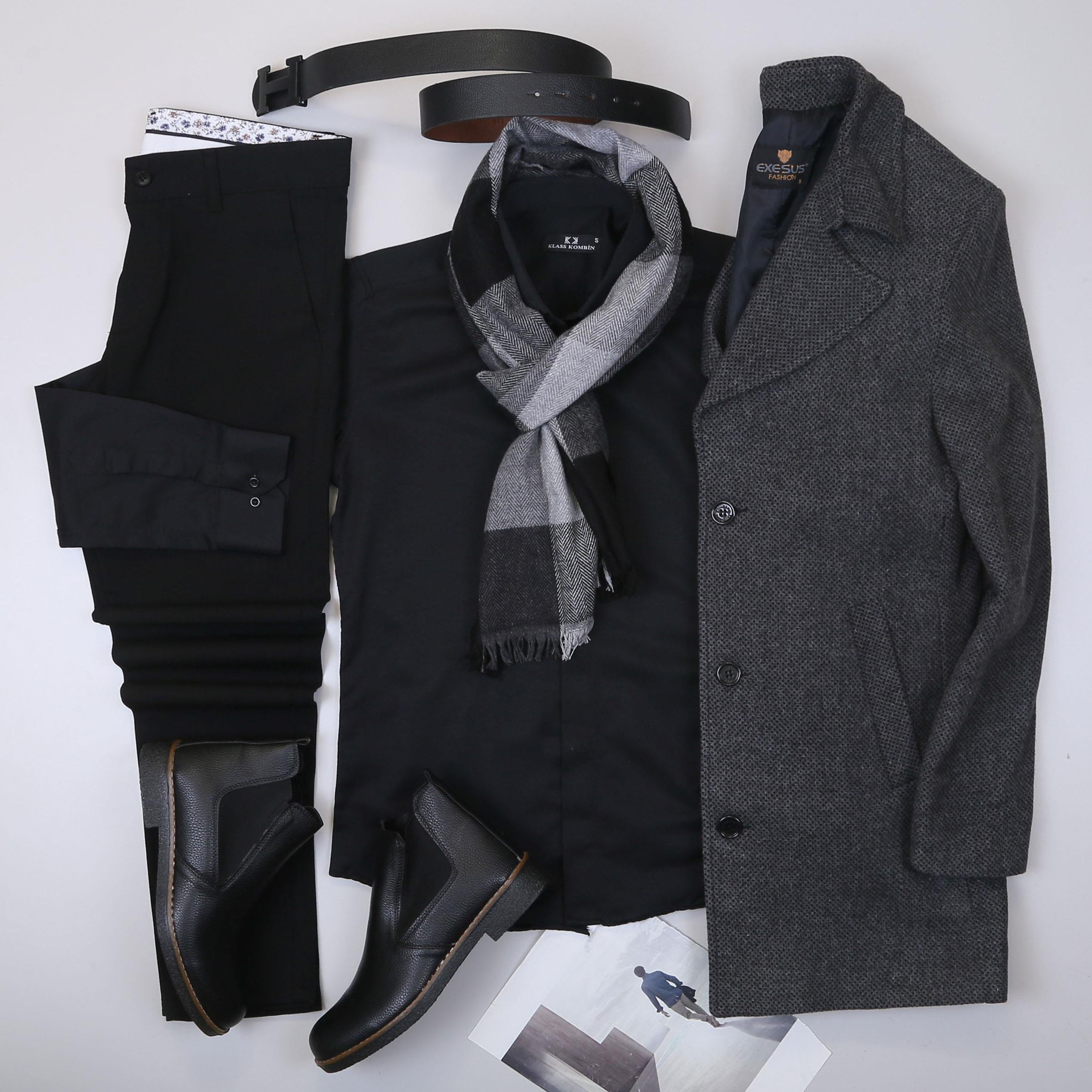 Füme Kırçıllı Kaşe Kaban Gömlek Pantolon Bot Kombin