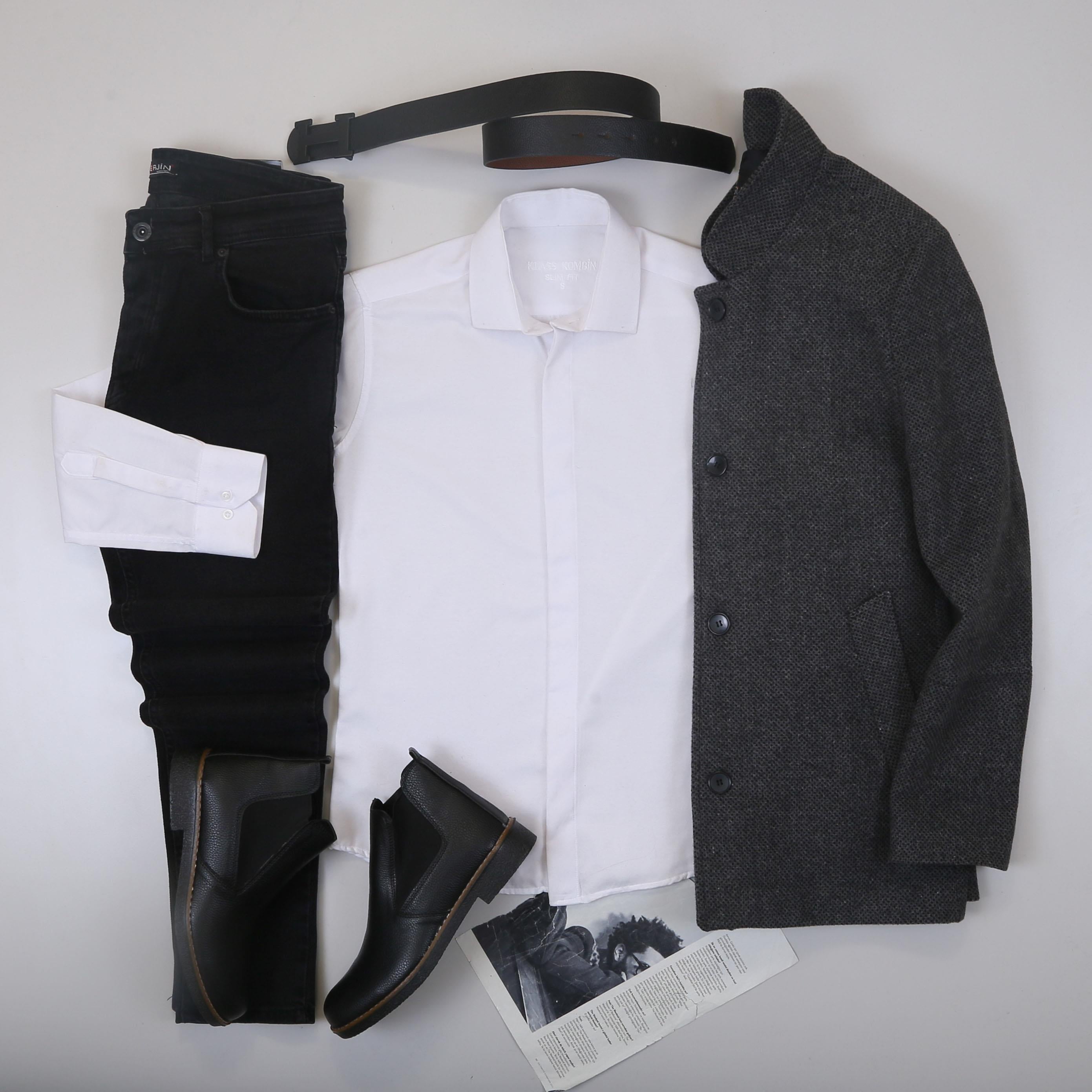 Füme Kırçıllı Kaşe Kaban Gömlek Pantolon Bot Kombin