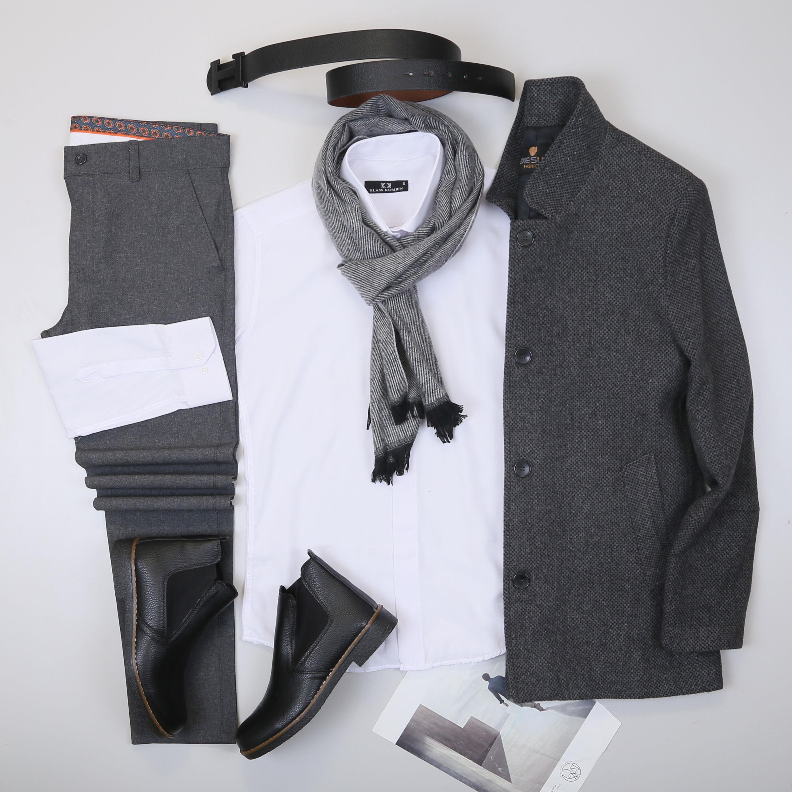 Füme Kırçıllı Kaşe Kaban Gömlek Pantolon Bot Kombin