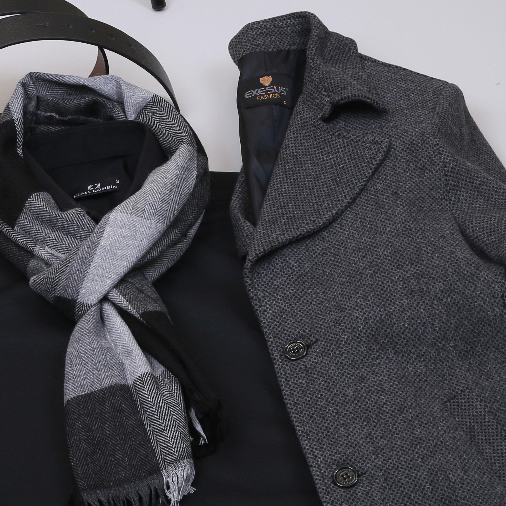 Füme Kırçıllı Kaşe Kaban Gömlek Pantolon Bot Kombin