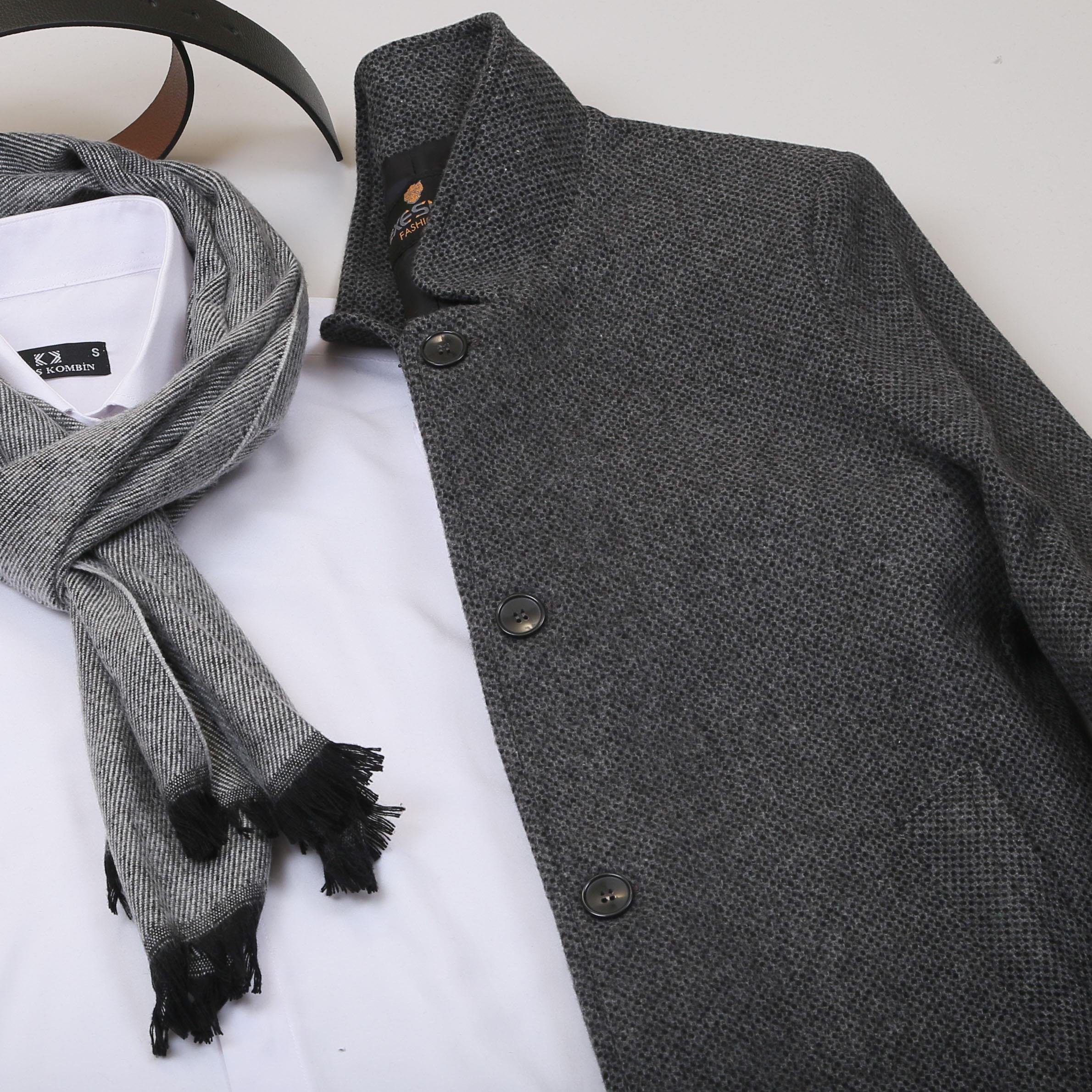 Füme Kırçıllı Kaşe Kaban Gömlek Pantolon Bot Kombin