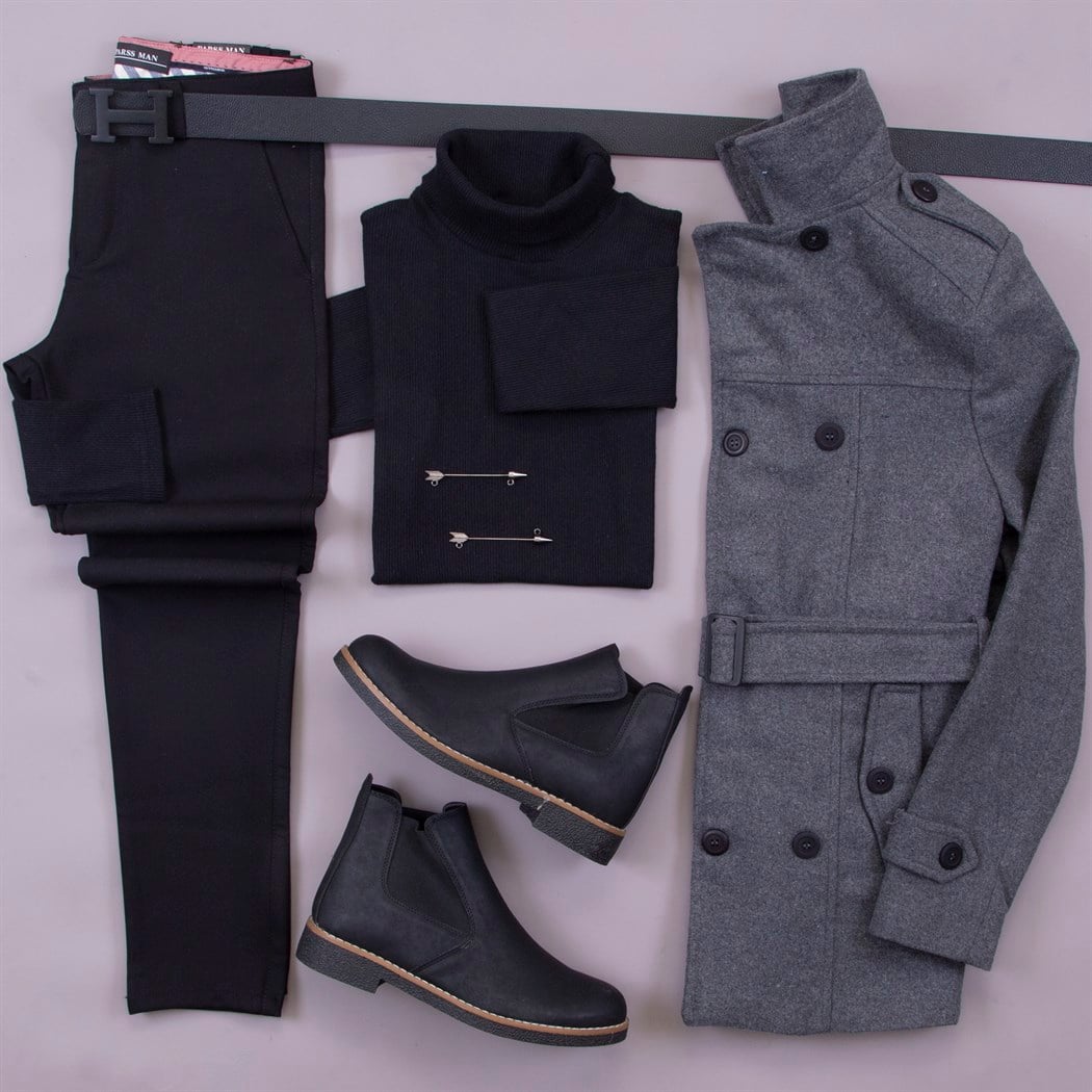 Füme Kısa Kemerli Kaşe Kaban Kazak Pantolon Bot Kombin