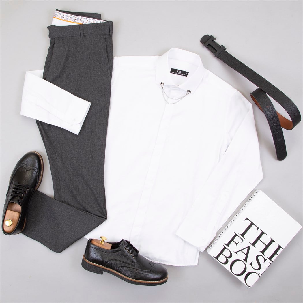 Füme Kumaş Pantolon Gömlek Ayakkabı Kombin