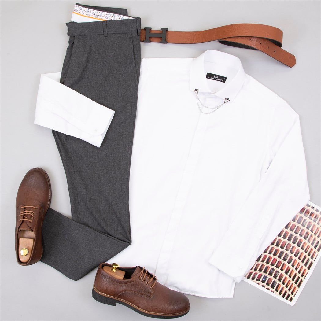 Füme Kumaş Pantolon Gömlek Ayakkabı Kombin