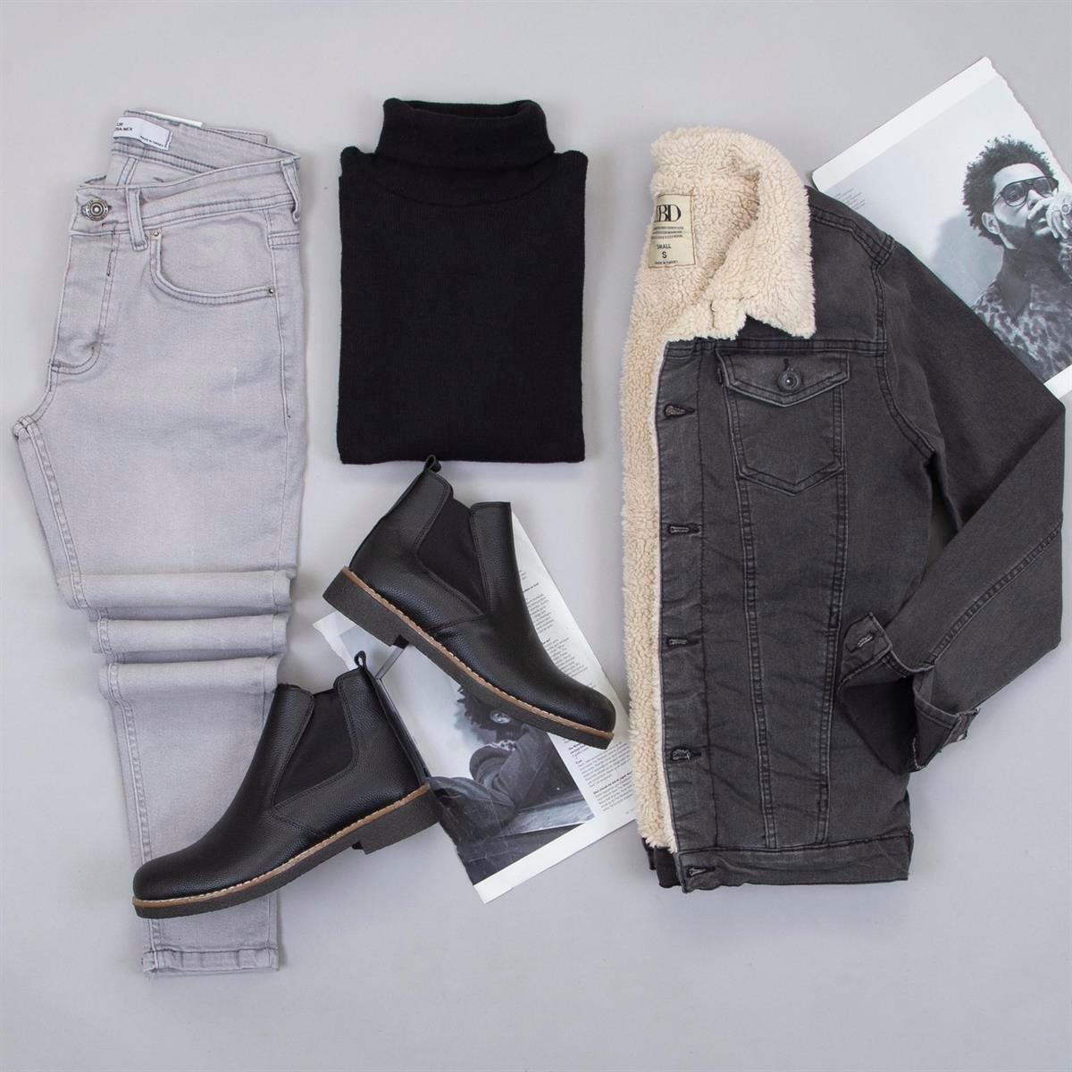 Füme Kürklü Kot Ceket Boğazlı Kazak Pantolon Bot Kombin