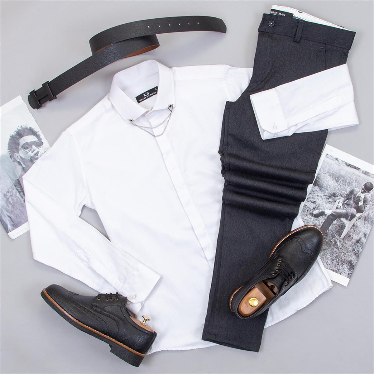 Füme Pantolon Beyaz Gömlek Ayakkabı Kombin