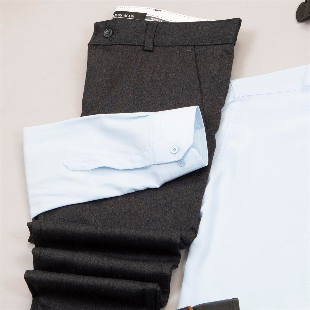 Füme Pantolon Mavi Gömlek Ayakkabı Kombin