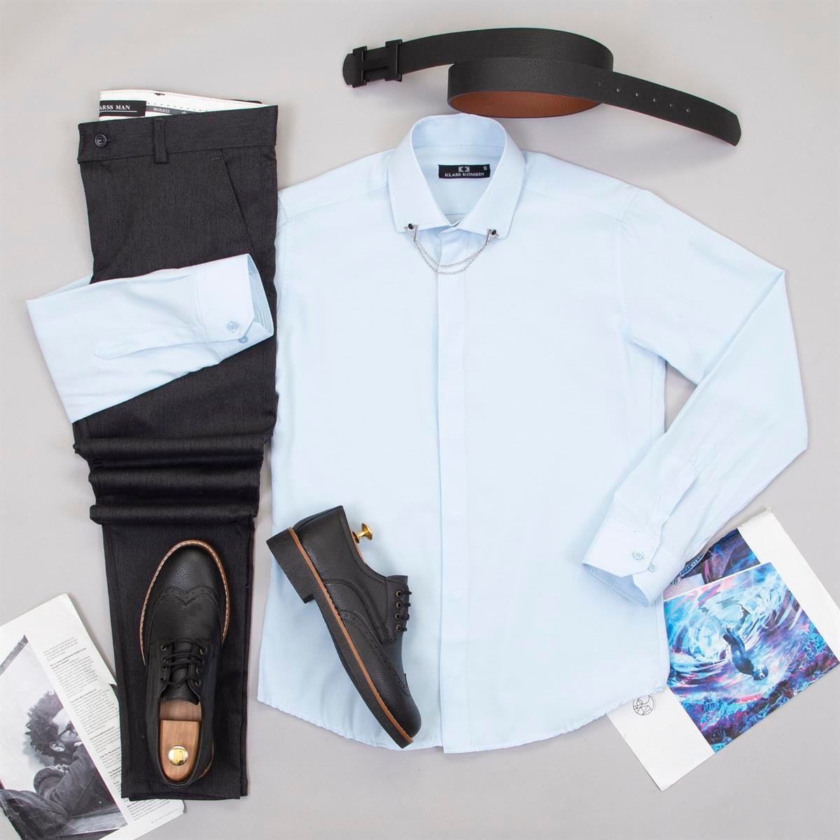 Füme Pantolon Mavi Gömlek Ayakkabı Kombin