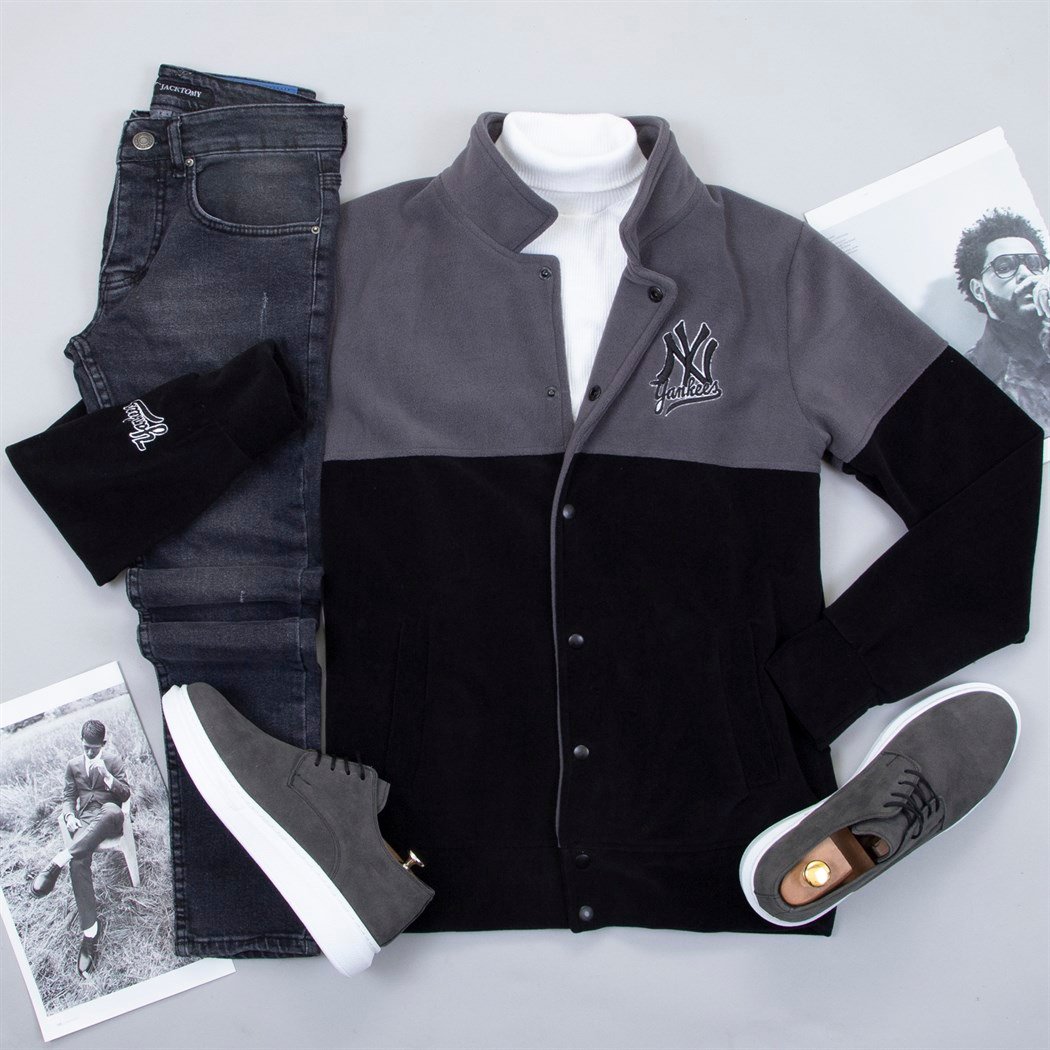 Füme Siyah Polar Kolej Ceket Boğazlı Kazak Pantolon Ayakkabı Kombin