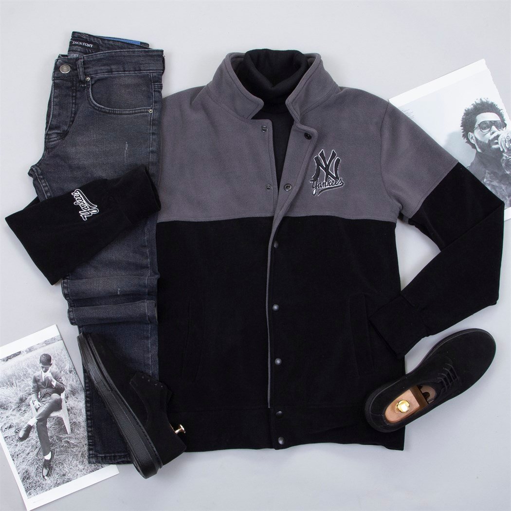 Füme Siyah Polar Kolej Ceket Boğazlı Kazak Pantolon Ayakkabı Kombin