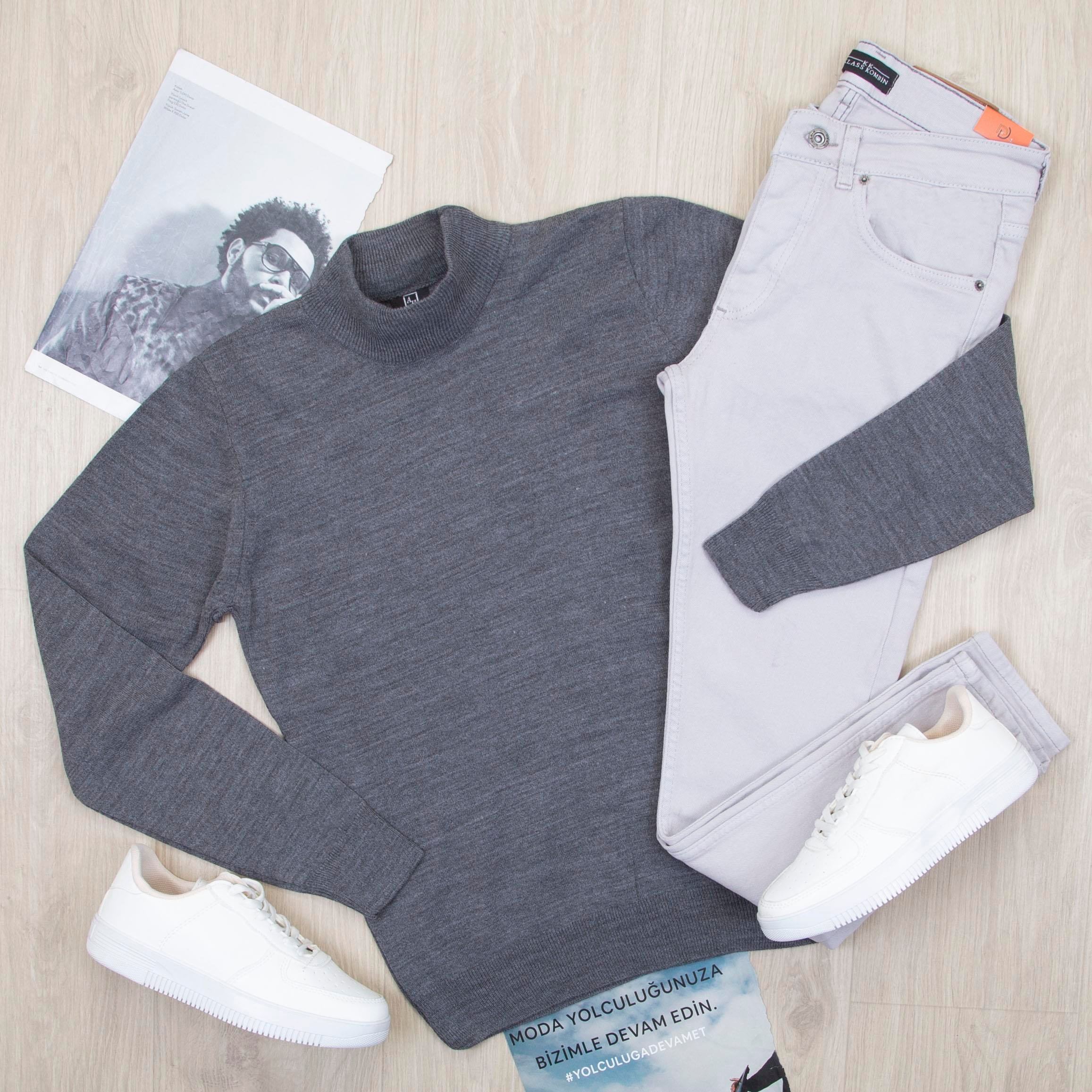 Füme Yarım Balıkçı Kazak Pantolon Ayakkabı Kombin