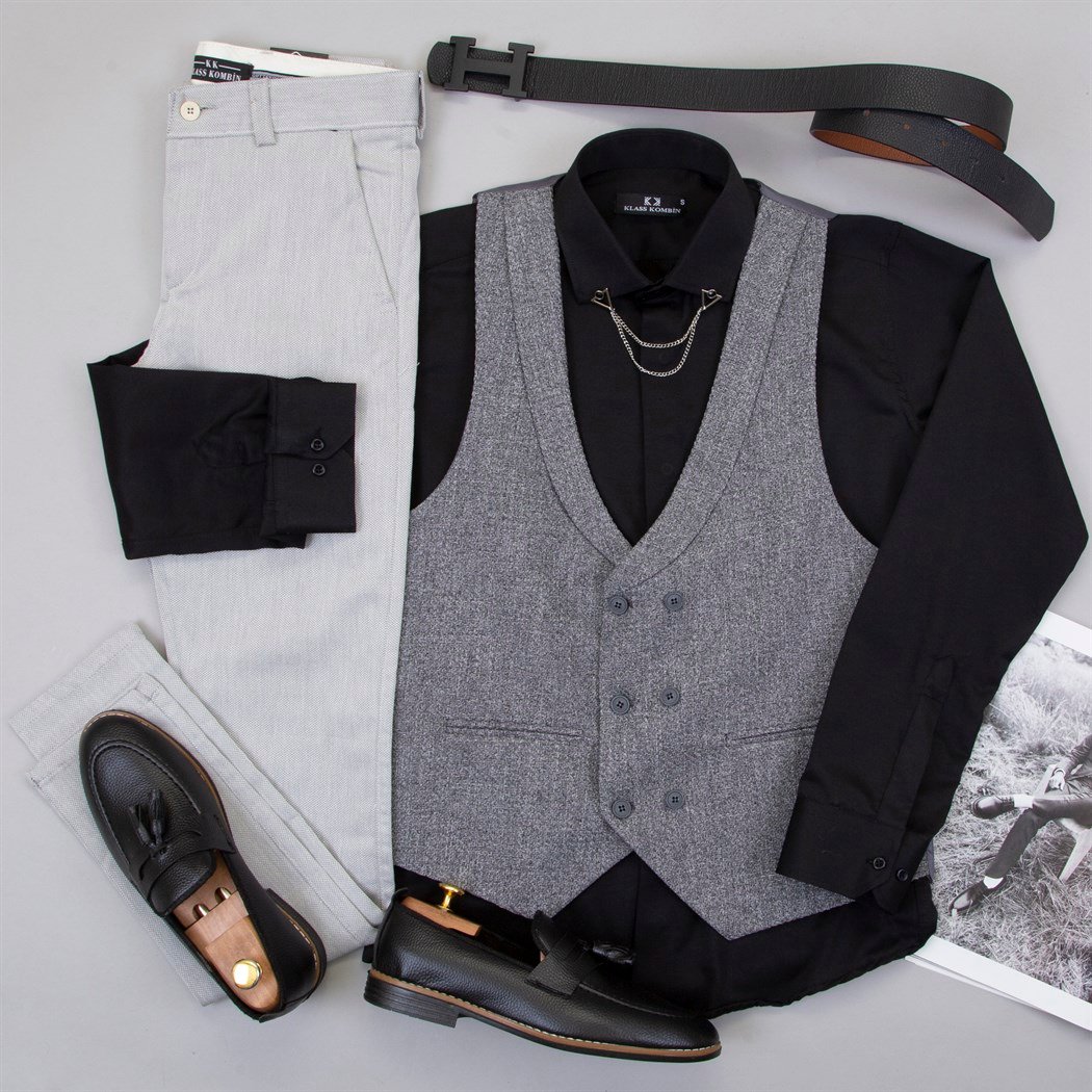 Füme Yelek Gömlek Pantolon Ayakkabı Kombin