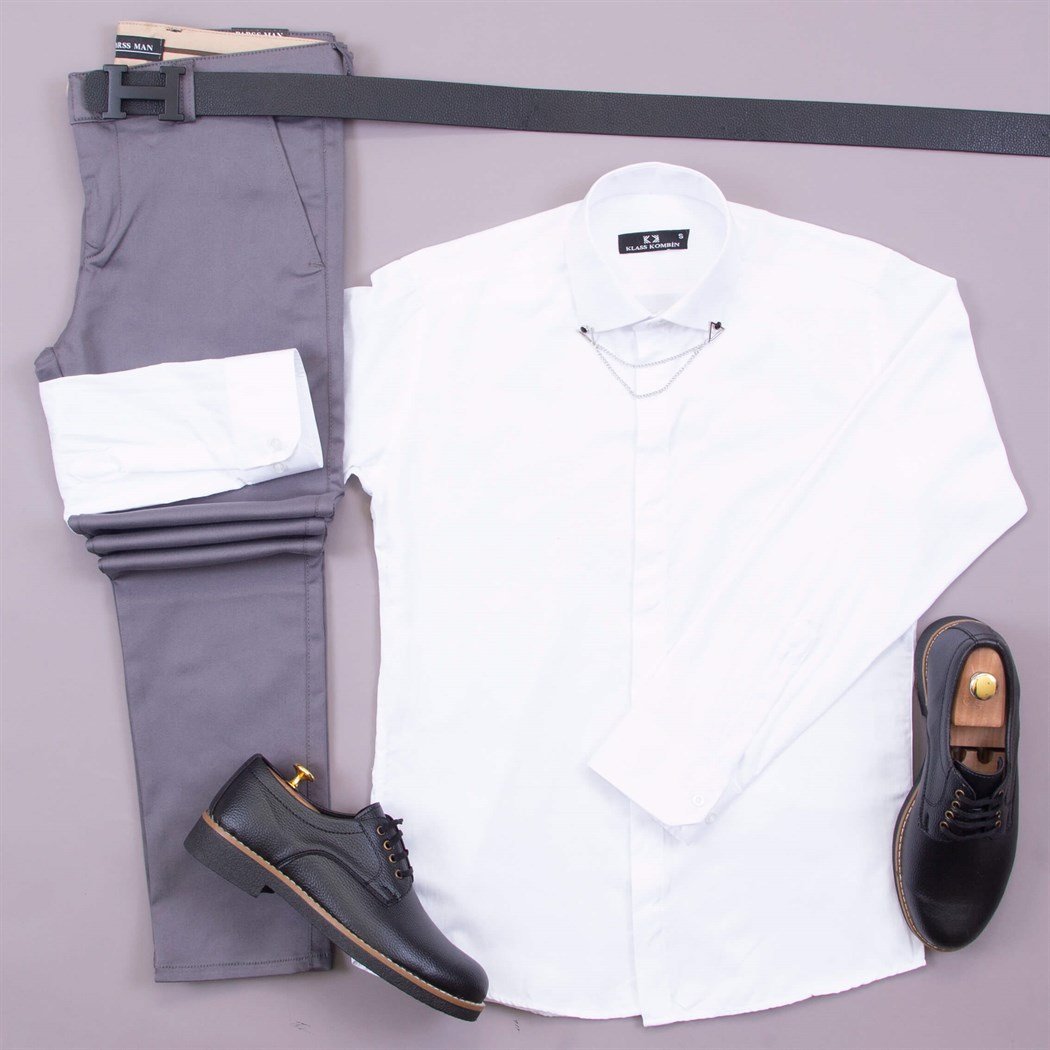 Gömlek Gri Kumaş Pantolon Ayakkabı Kombin