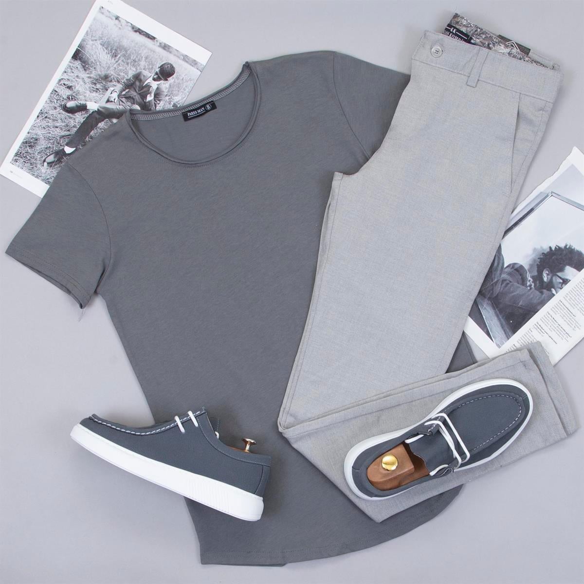 Gri Basic Tişört Pantolon Ayakkabı Kombin