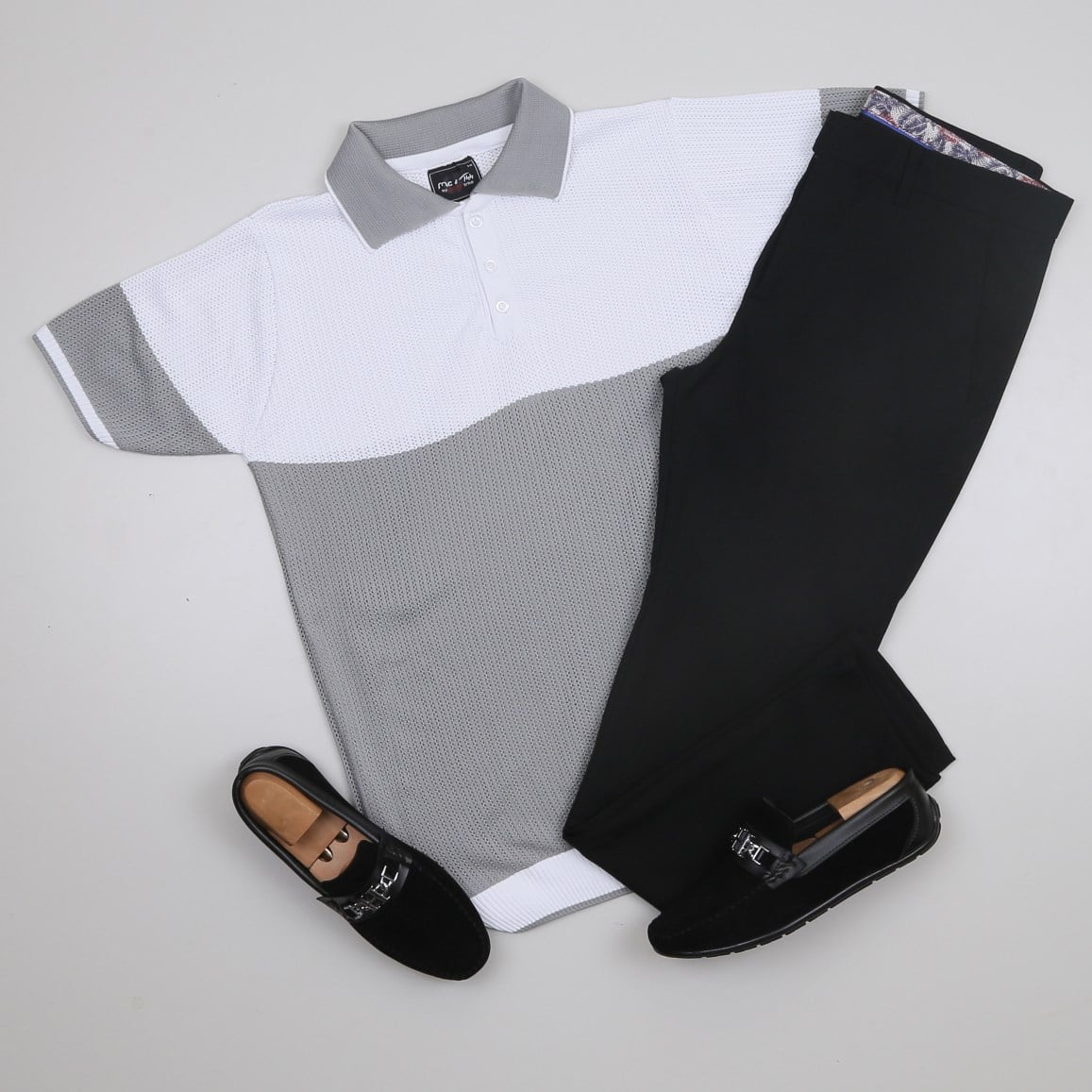 Gri Beyaz Triko Polo Yaka Tişört Pantolon Kombini Erkek | Slim Fit Şık Günlük Set