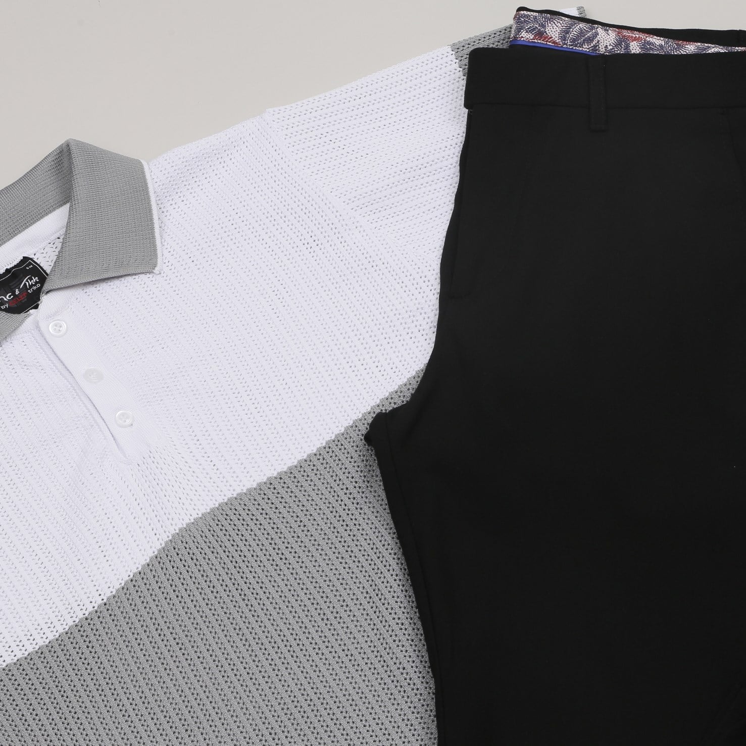 Gri Beyaz Triko Polo Yaka Tişört Pantolon Kombini Erkek | Slim Fit Şık Günlük Set