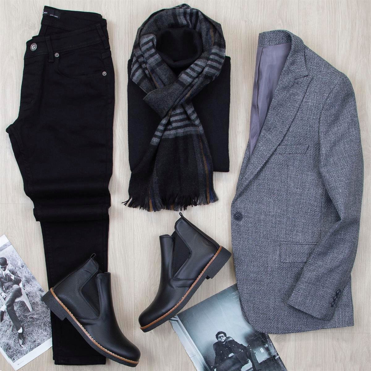 Gri Blazer Ceket Boğazlı Body Pantolon Bot Kombin