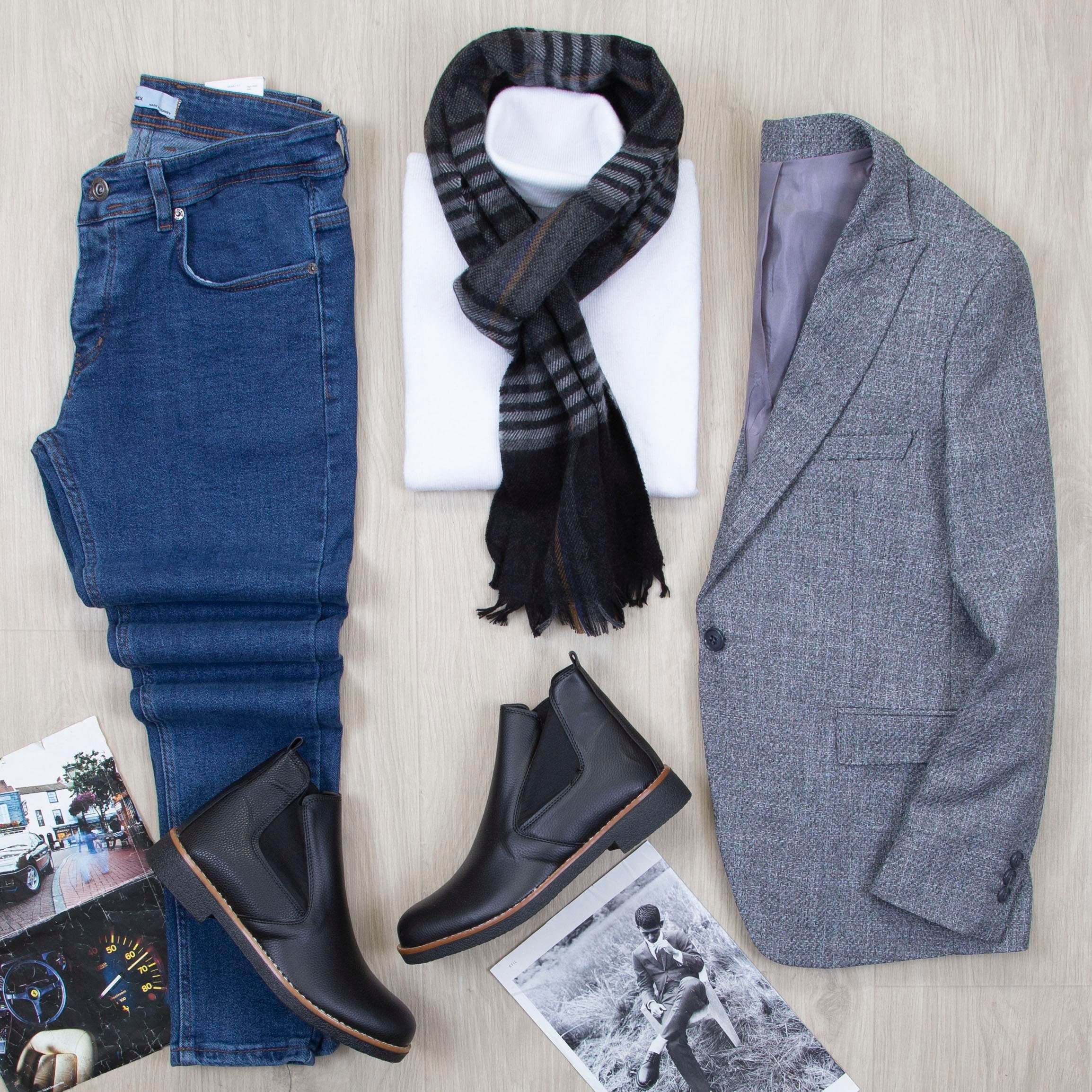 Gri Blazer Ceket Boğazlı Body Pantolon Bot Kombin