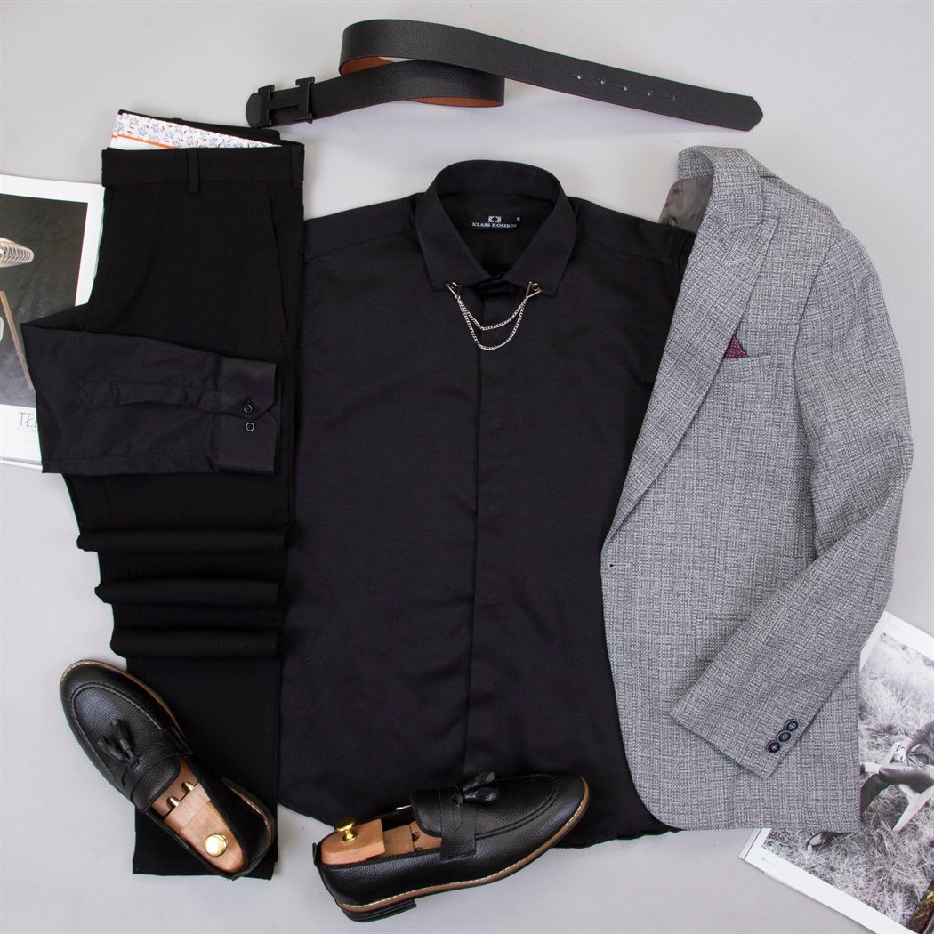 Gri Blazer Ceket Gömlek Pantolon Ayakkabı Kombin