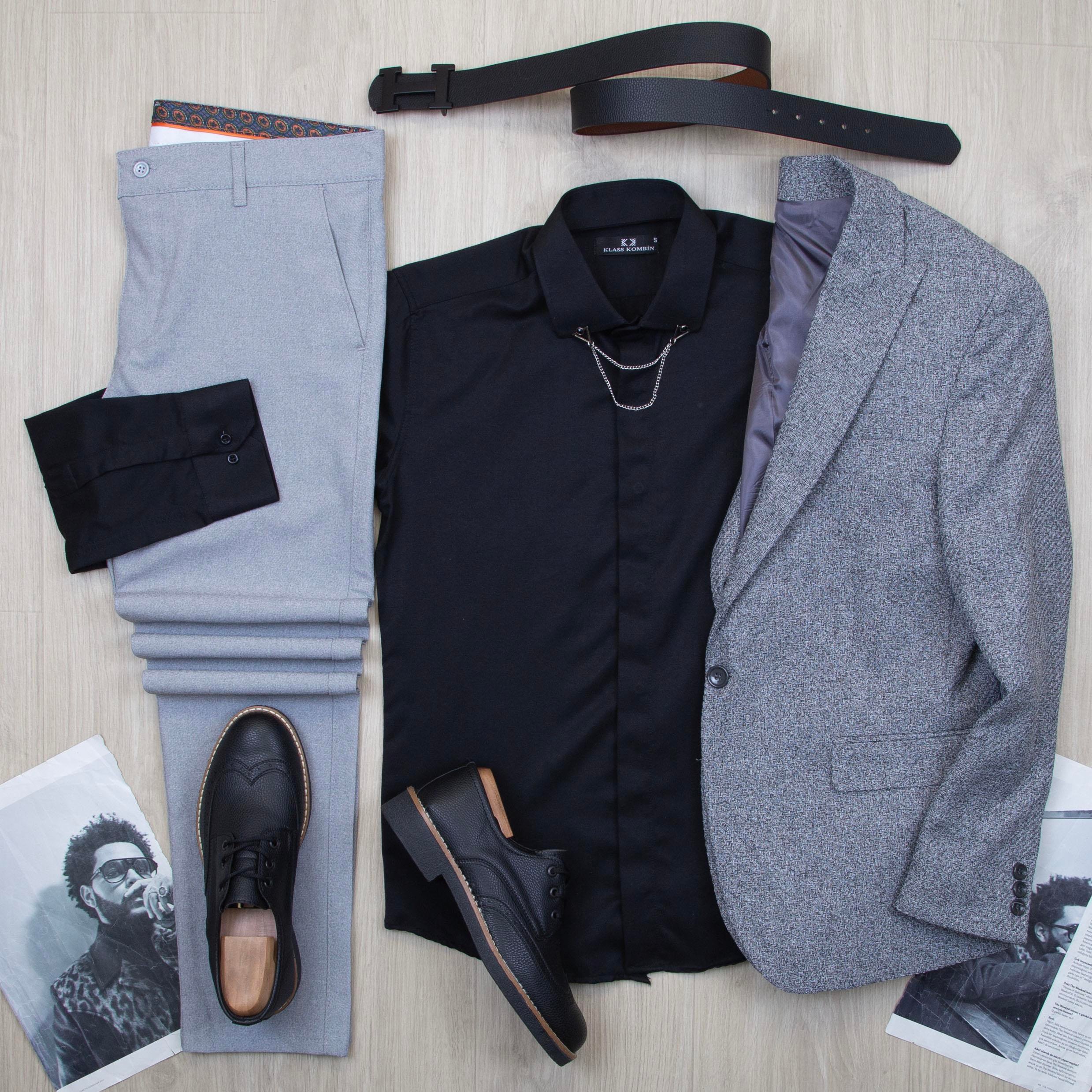 Gri Blazer Ceket Gömlek Pantolon Ayakkabı Kombin