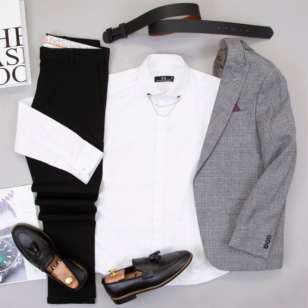 Gri Blazer Ceket Gömlek Pantolon Ayakkabı Kombin