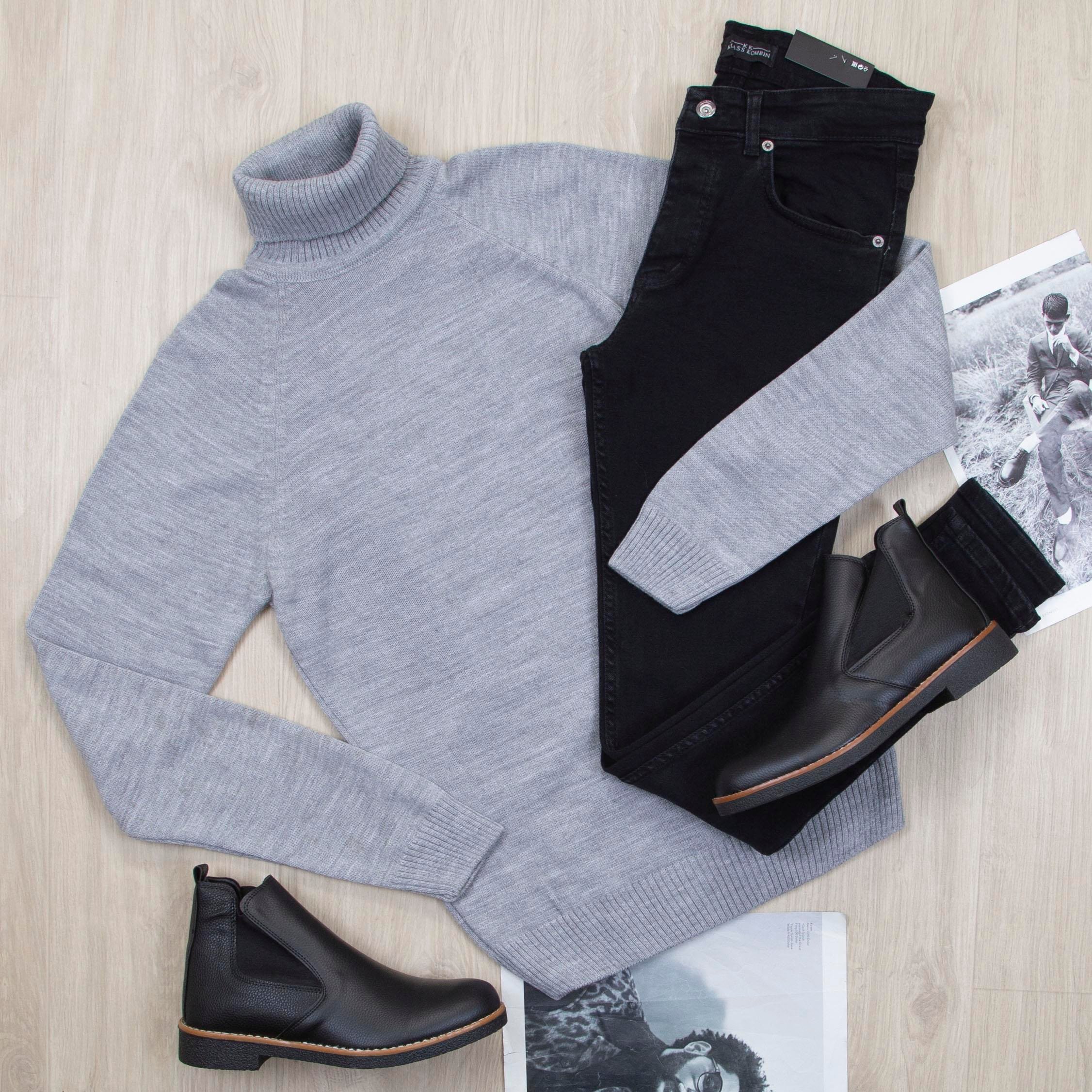 Gri Boğazlı Triko Kazak Pantolon Bot Kombin