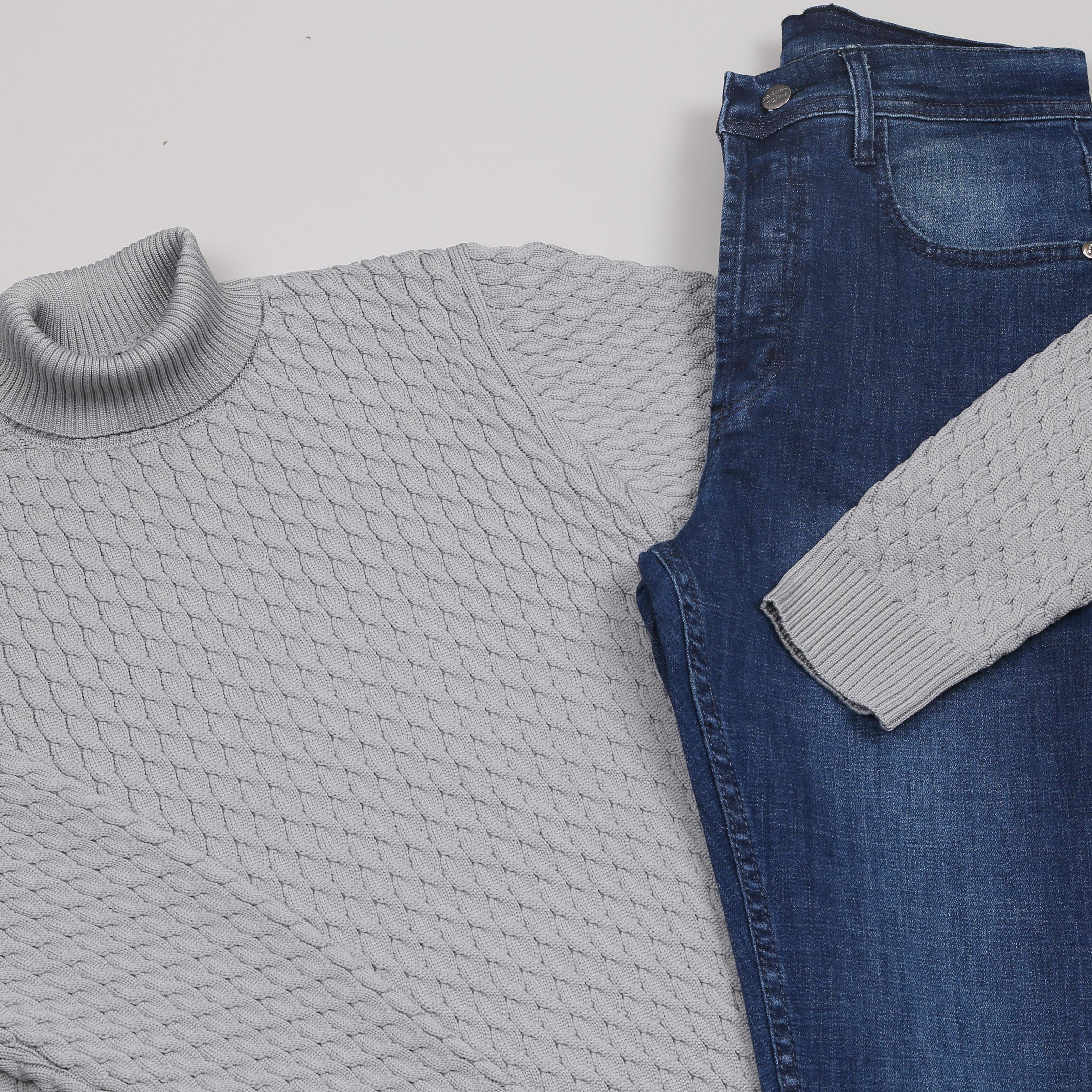 Gri Boğazlı triko Lacivert kot Pantolon