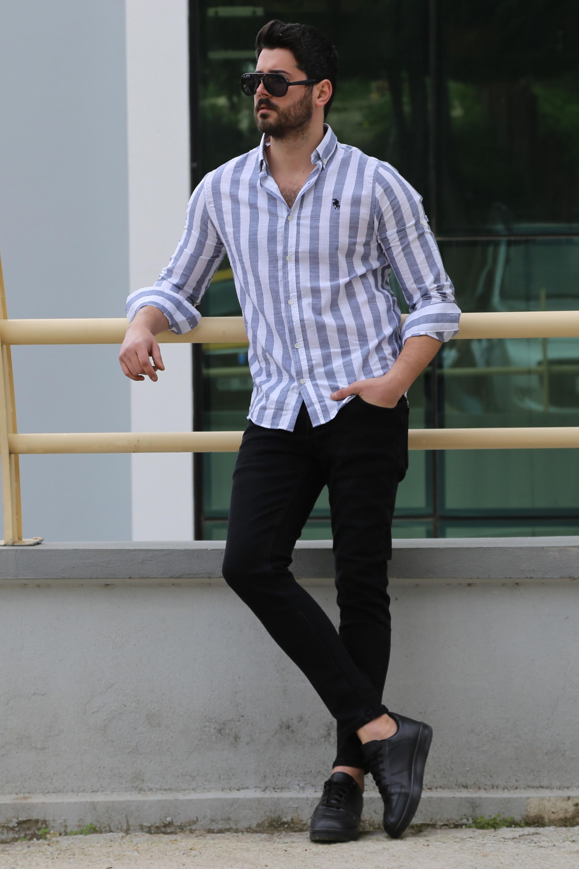 Gri Çizgili Gömlek Pantolon Ayakkabı Kombin