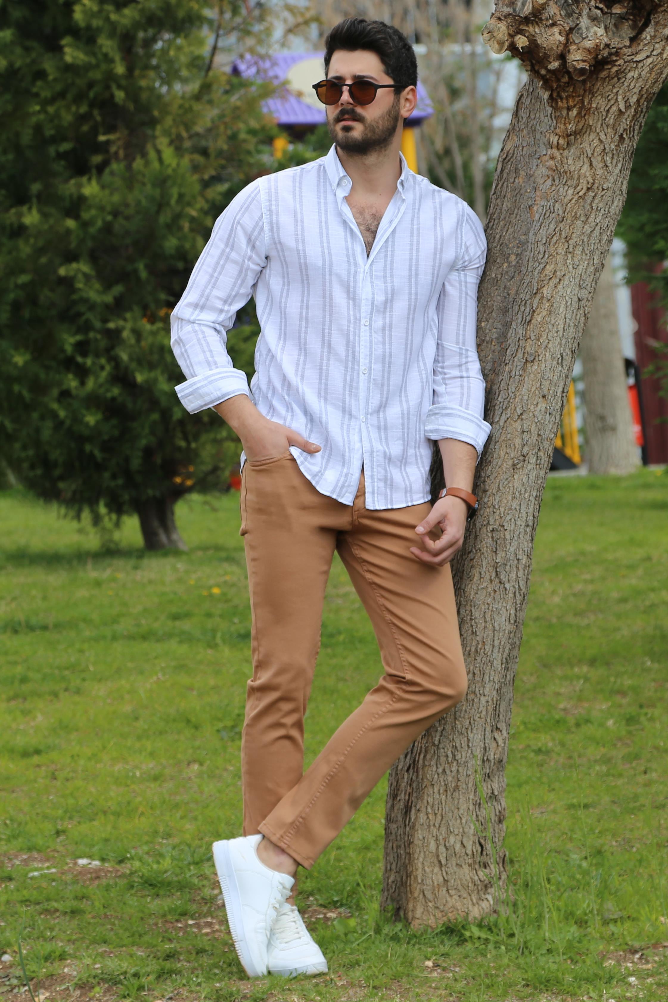 Gri Çizgili Gömlek Pantolon Ayakkabı Kombin