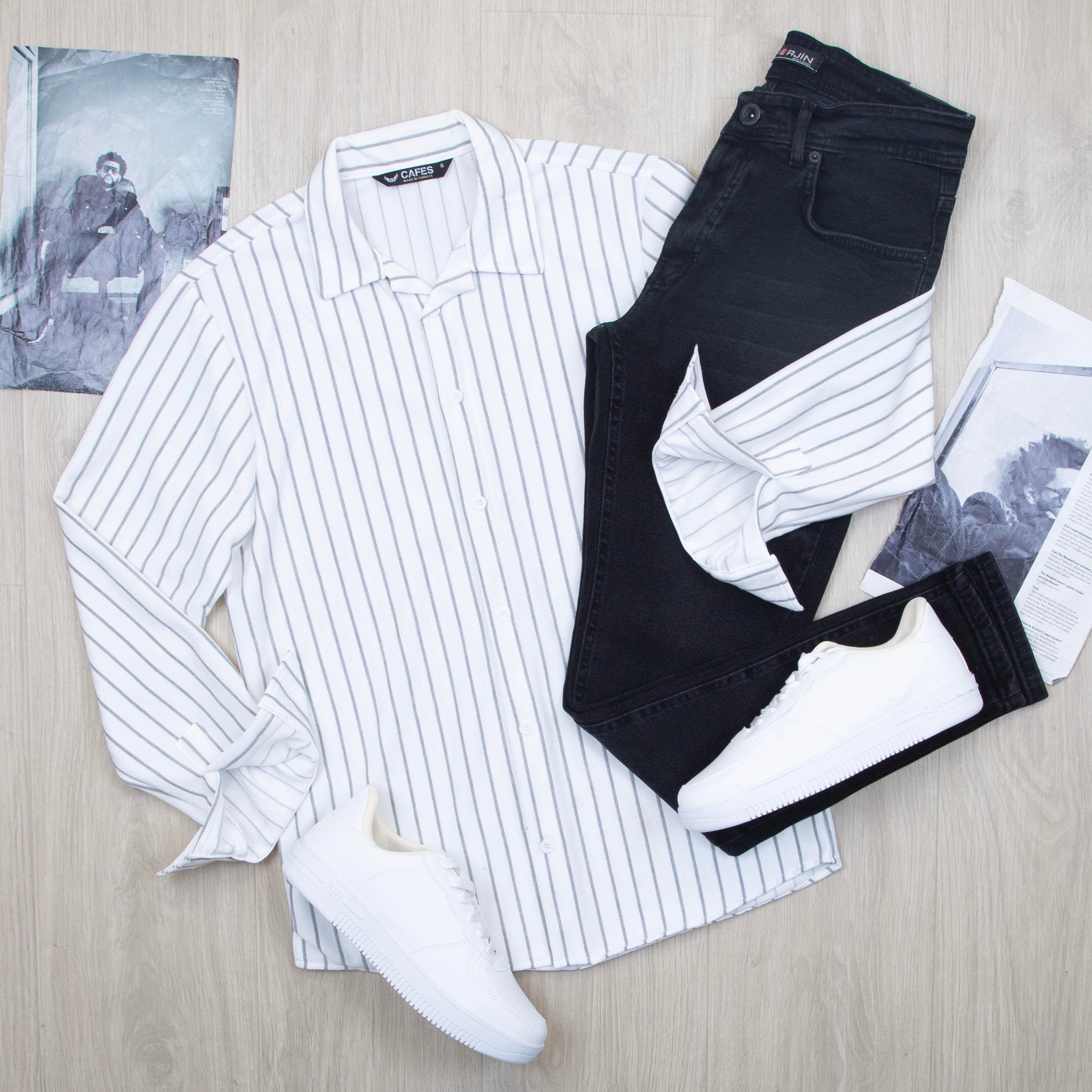 Gri Çizgili Gömlek Pantolon Ayakkabı Kombin